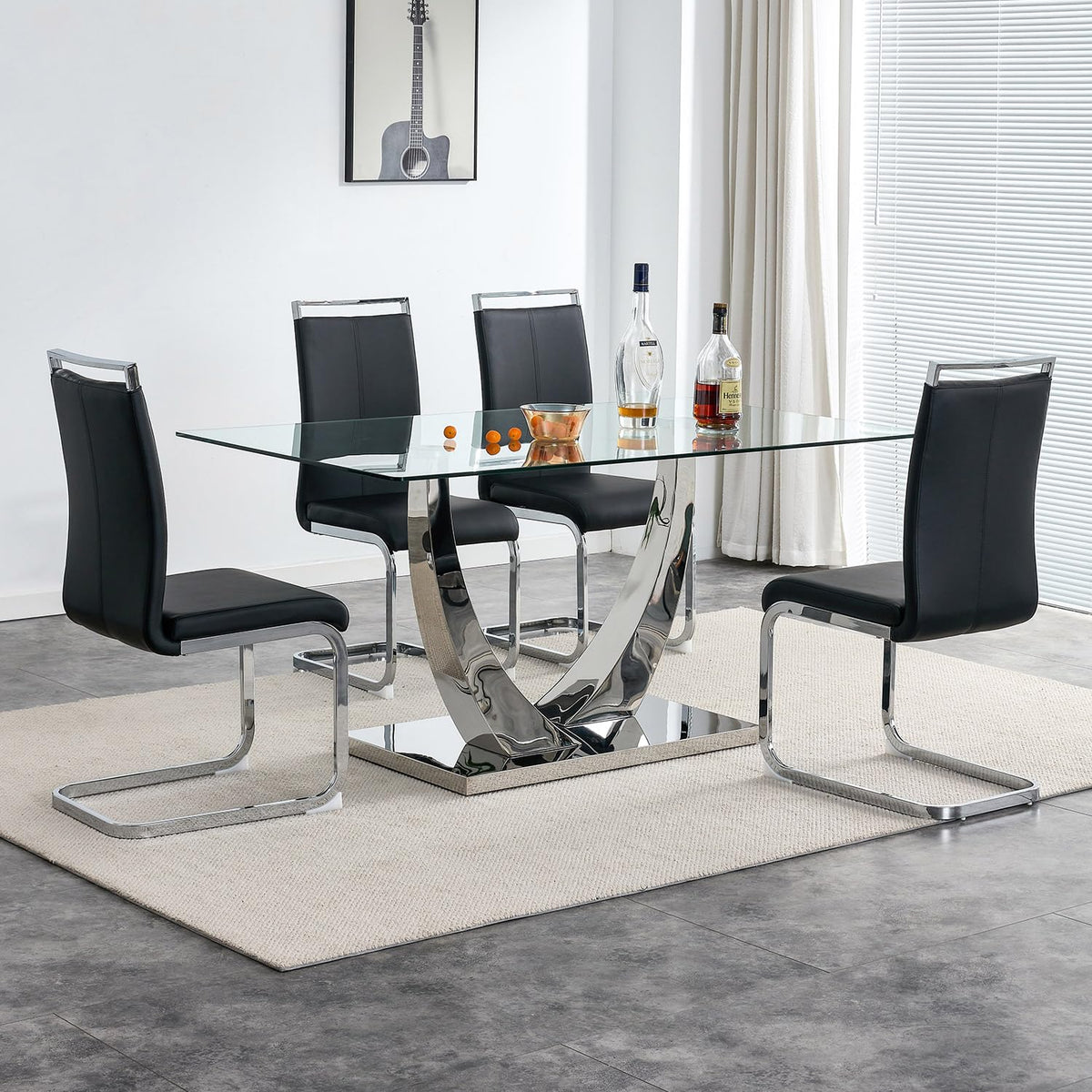 Nyeess 63” Glass Dining Table Set For 4,Modern Dining Room Table Set For 4, Kitchen Table And Pu Leather Chairs, Dinner Table With Rectangle Tempered Glass Top And Chrome Silver Base