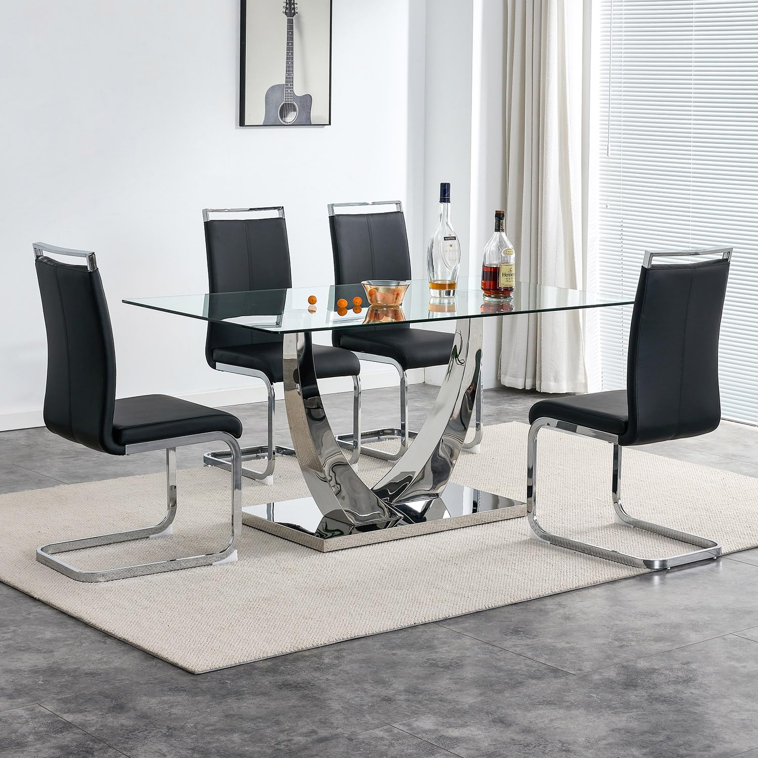 Nyeess 63” Glass Dining Table Set For 4,Modern Dining Room Table Set For 4, Kitchen Table And Pu Leather Chairs, Dinner Table With Rectangle Tempered Glass Top And Chrome Silver Base
