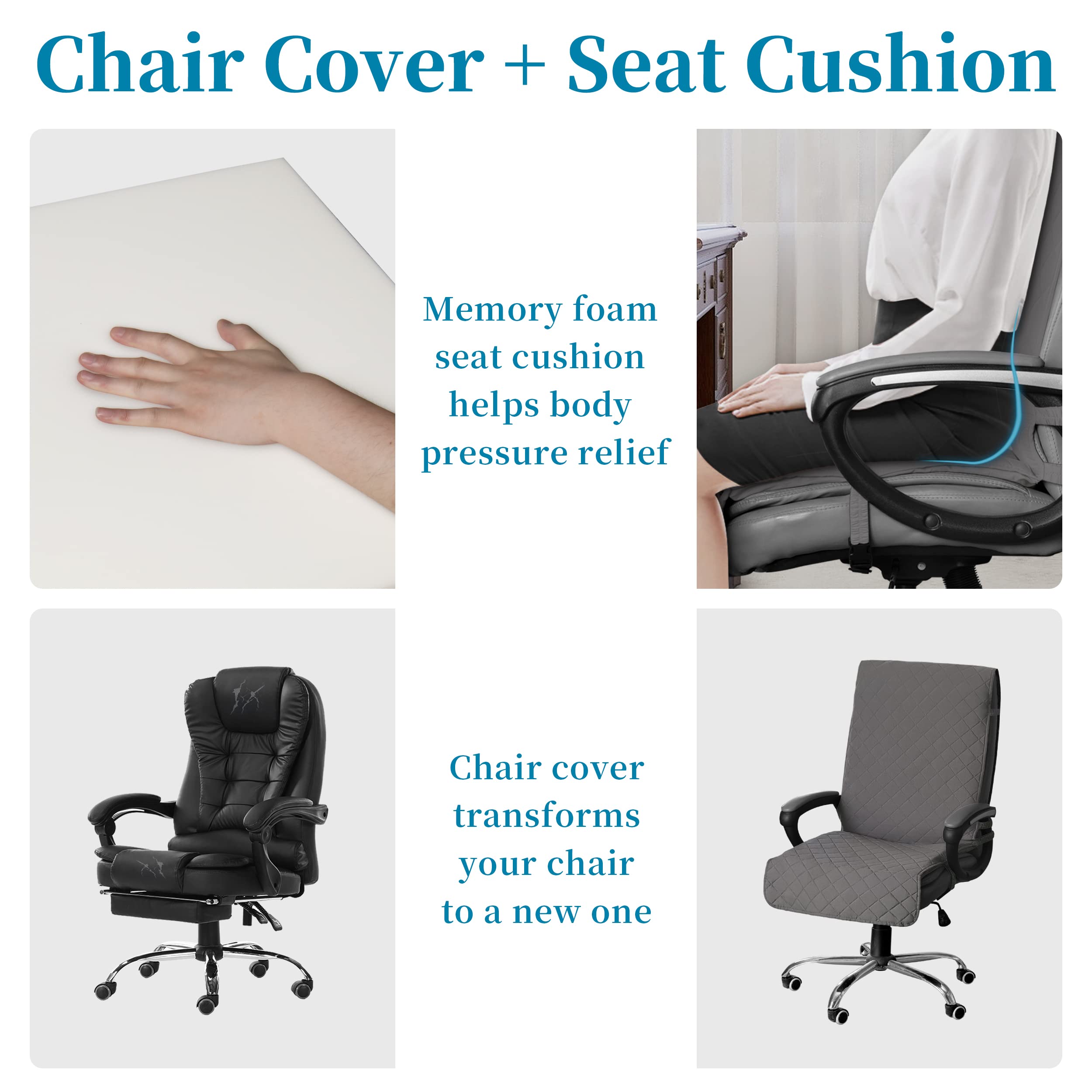 Easy-Going Quilted Microfiber Office Chair Cover With Soft Memory Foam Seat Cushion Water Resistant Desk Computer Chair Slipcover Anti-Slip Chair Protector (Medium, Gray)