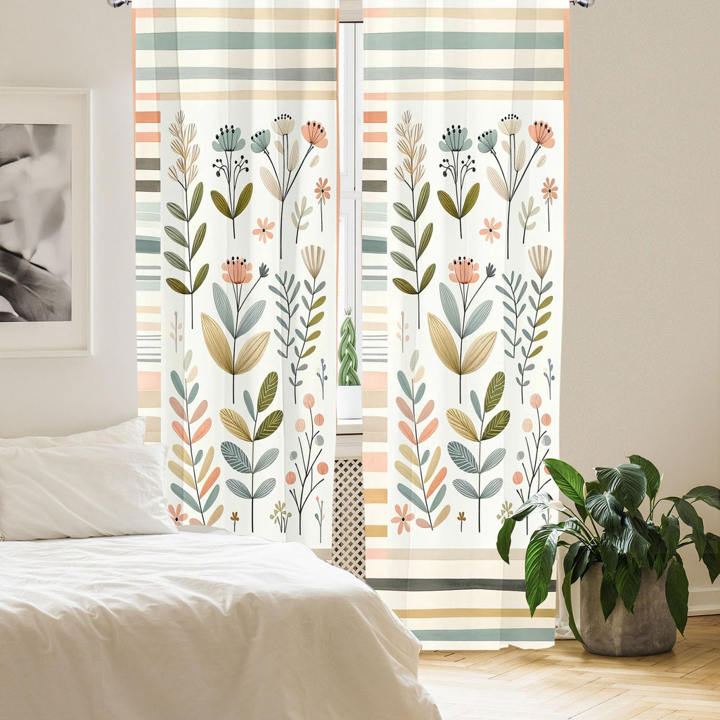 Ambesonne Leafy Art Curtains, Modern Scandi Leaves And Minimalist Flowers With Stripes Pastel Tone, Window Treatments 2 Panel Se