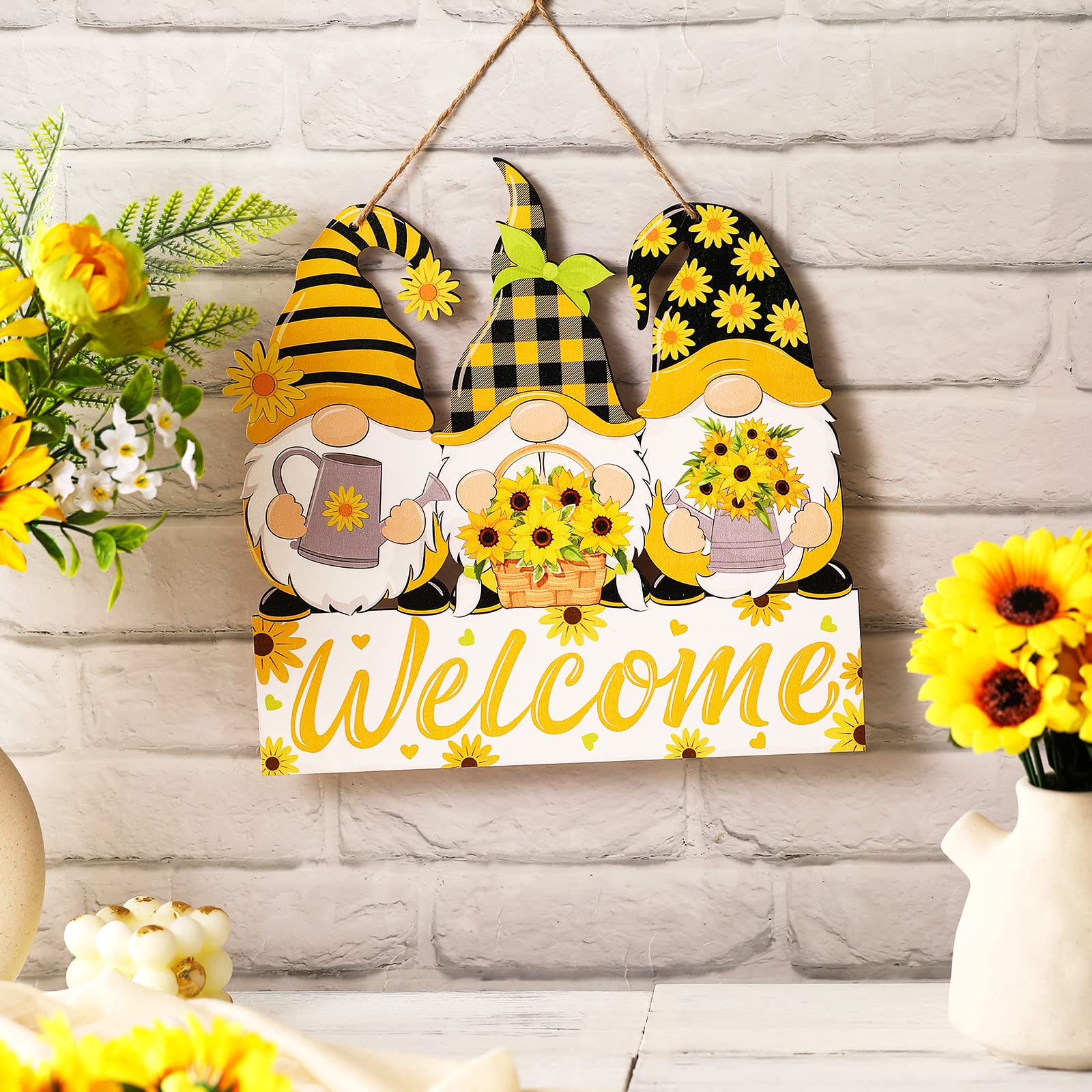 Panelee Sunflower Gnomes Welcome Sign Summer Welcome Hanging Sign Decorations Wreath Sign Wooden Hanging Door Sign With Ropes Fo