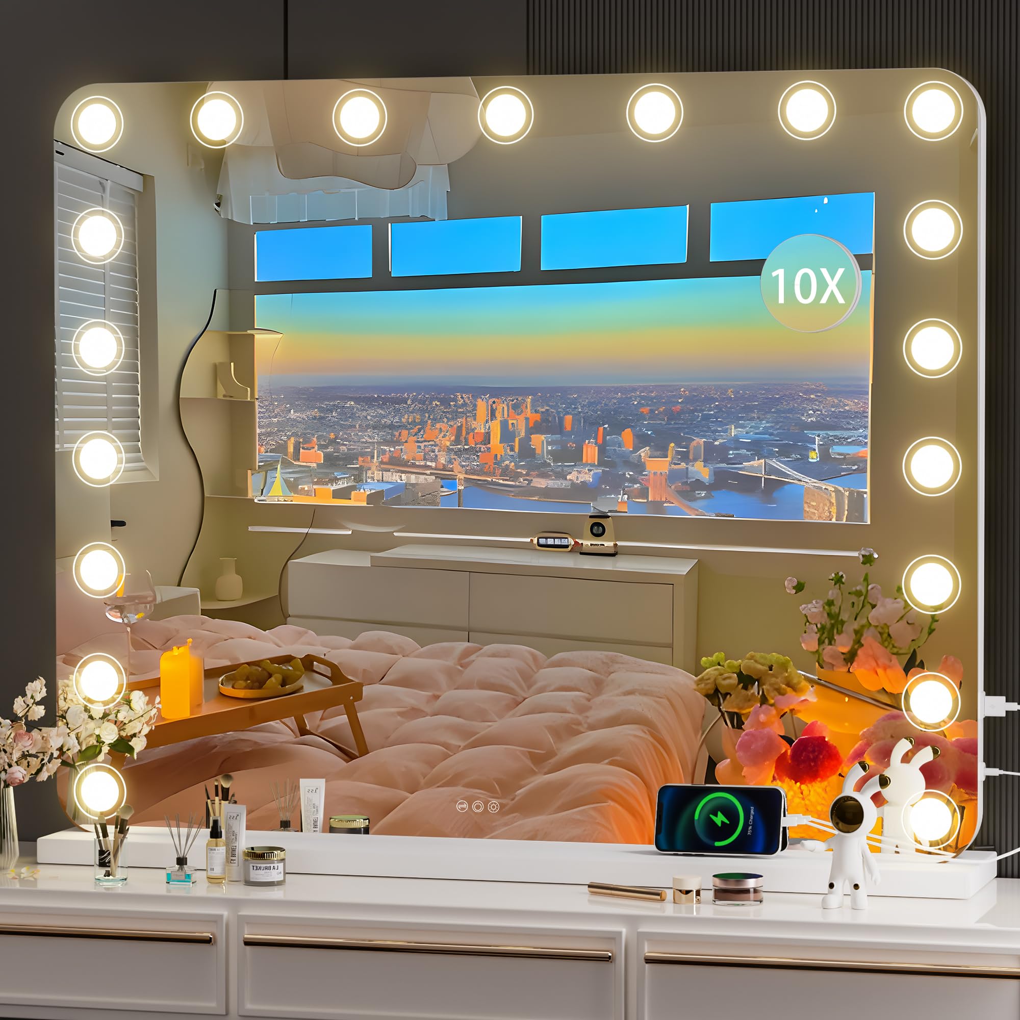 Hasipu Vanity Mirror with Lights, 40' x 32' Makeup Mirror, Light up Mirror with 19 Dimmable LED Lights and 10X Magnification, 