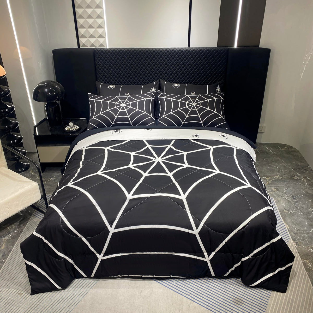 Fairy Kaari Boys Black Spider Web Printed Comforter Set Bed In A Bag Twin Size 7Pc Black Bedding Set For Teens Kids Boys (1 Comf