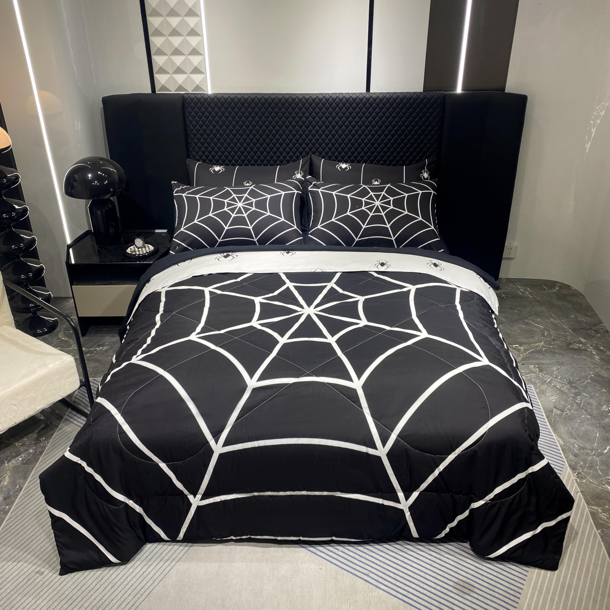 Fairy Kaari Boys Black Spider Web Printed Comforter Set Bed In A Bag Twin Size 7Pc Black Bedding Set For Teens Kids Boys (1 Comf