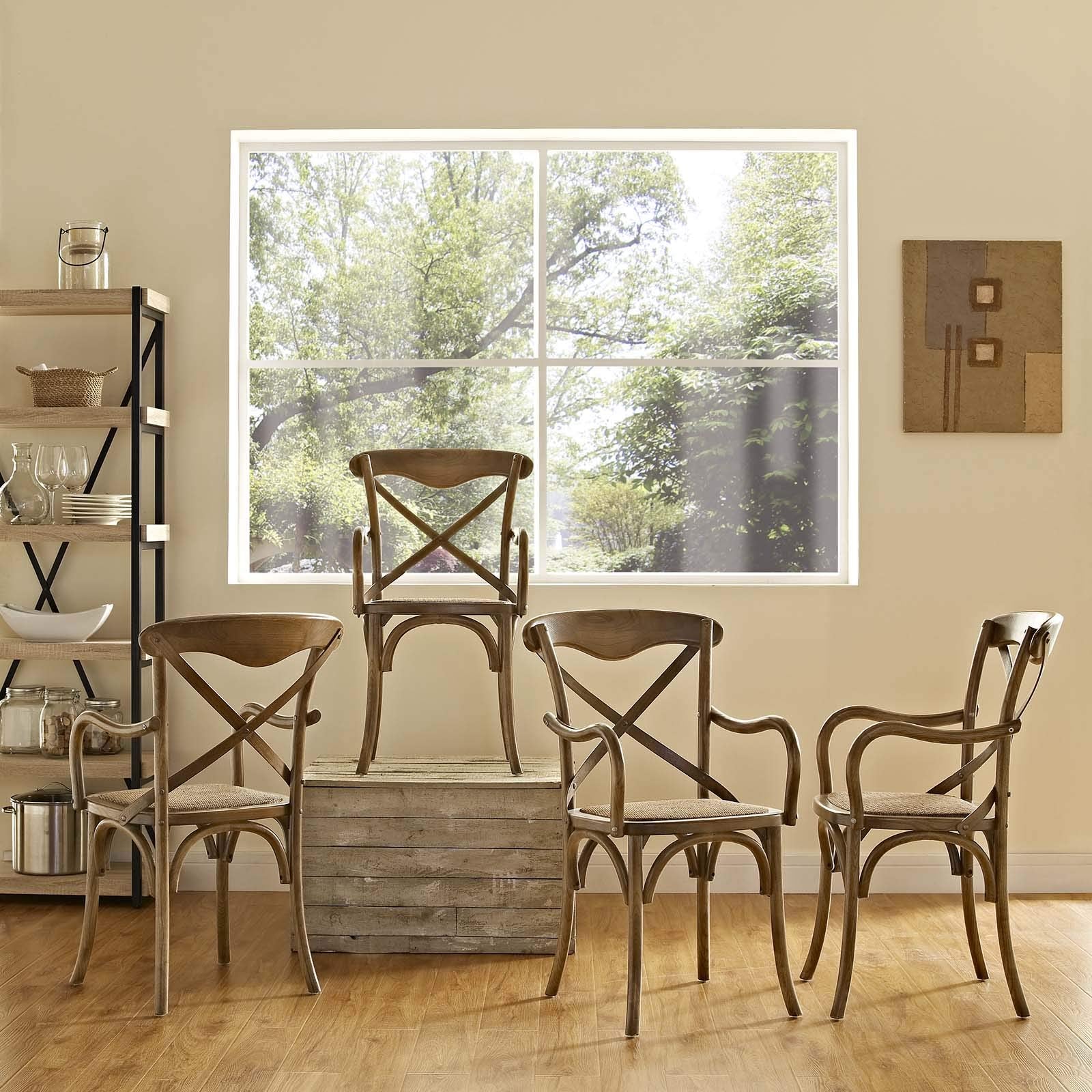 Modway Gear Rustic Modern Farmhouse Elm Wood Rattan Four Dining Armchairs In Walnut