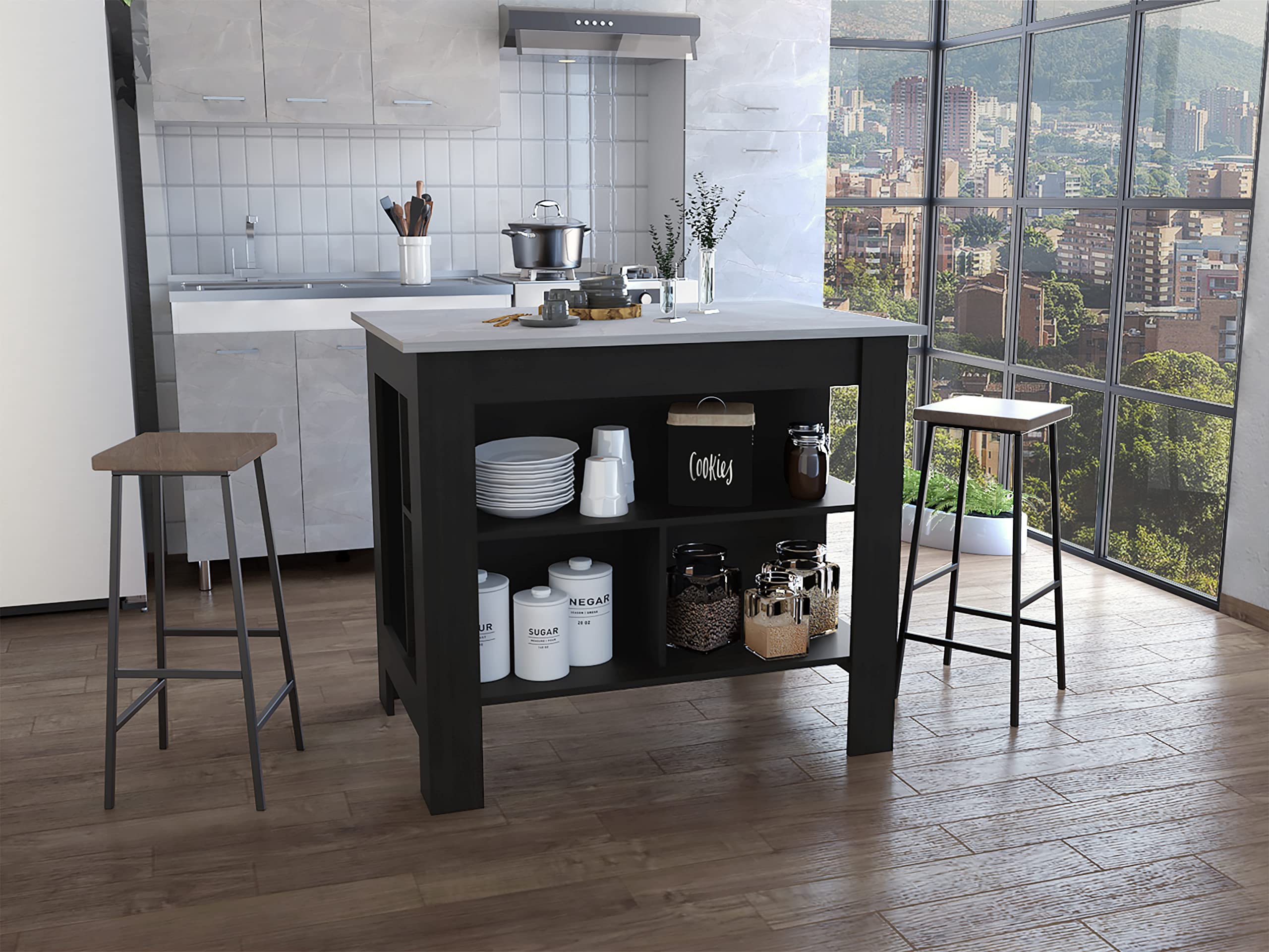 delos Depot E-Shop Kitchen Island, Kitchen Table 35&quot; H, Four Legs, Three Open Storage Shelves