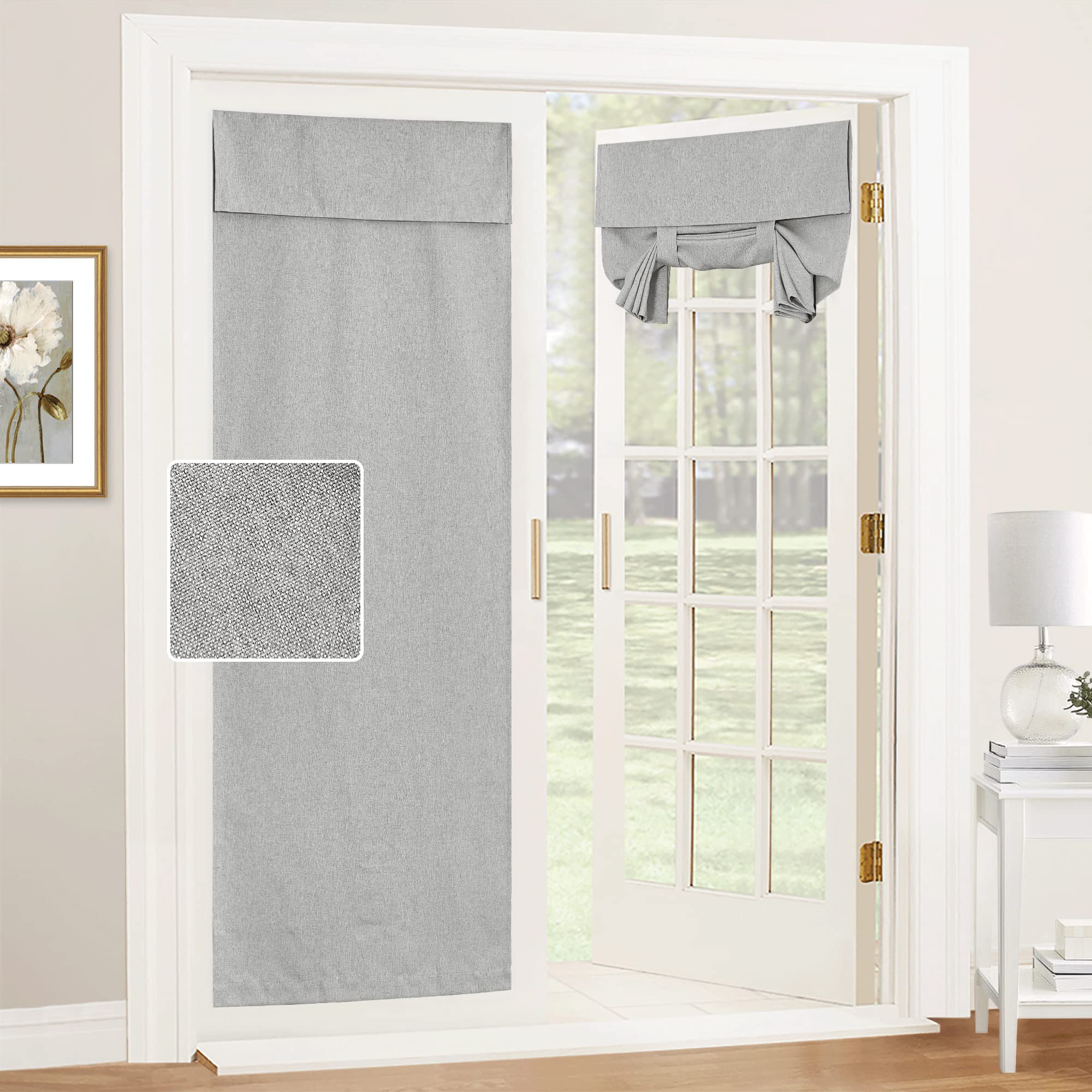 Ryb Home Linen Blended French Door Shades Self Adhesive, Privacy Room Darkening Glass Door Window Curtains For Kitchen Patio Door Sidelight Curtain Tie Up Shades, Wide 30 X Long 69 Inch, 1 Pc, Grey