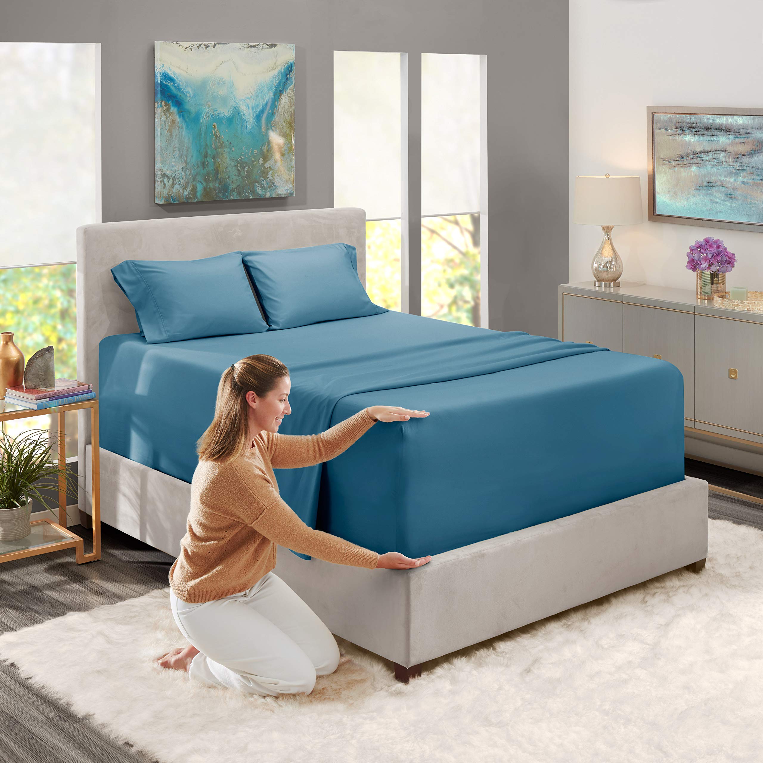 Nestl Extra Deep Pocket Sheets - Fits Mattress 18-24 Inches Deep, Extra Deep Pocket Twin Sheets Sets, 4 Piece Twin Size Sheets, Twin Sheets Deep Pocket, Blue Heaven Sheets