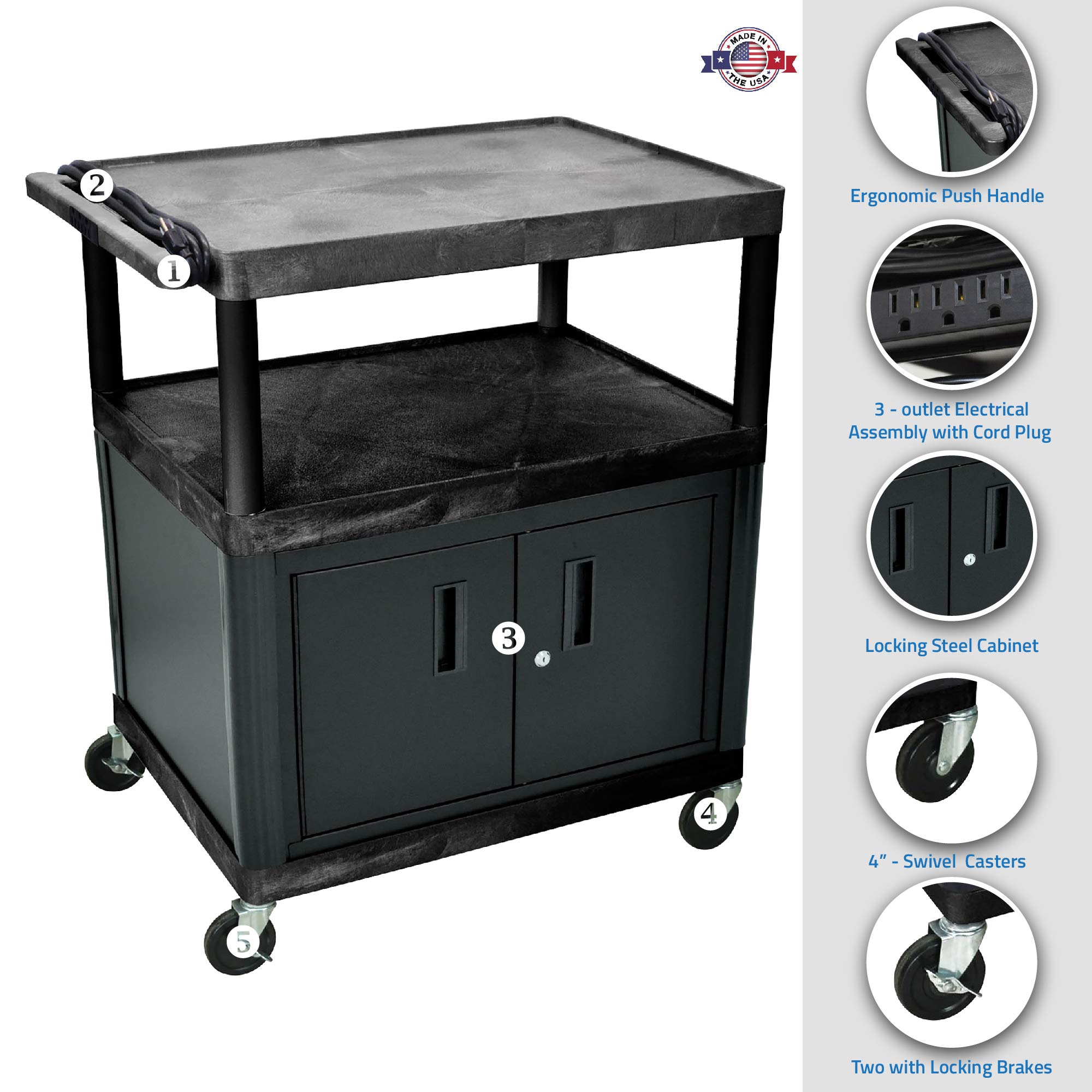 Luxor Lp40Ce-B Endura 3-Shelf Presentation Cart With Cabinet, 40-1/4' Height, Black