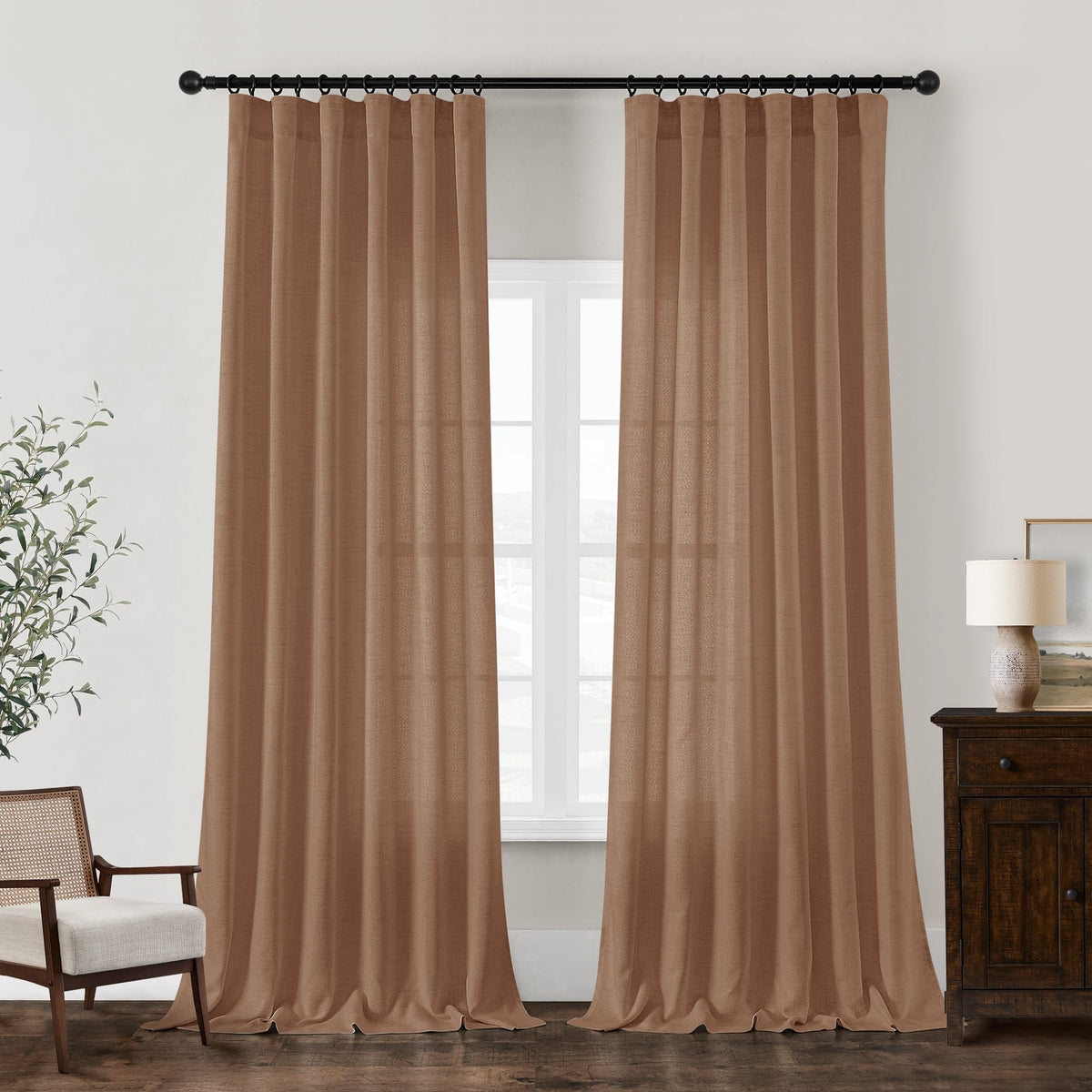Dukiyo Terracotta Linen Curtains 84 Inch Length Fall Cozy Farmhouse Semi Sheer Light Filtering Drapes Rod Pocket Pleated Hook Be