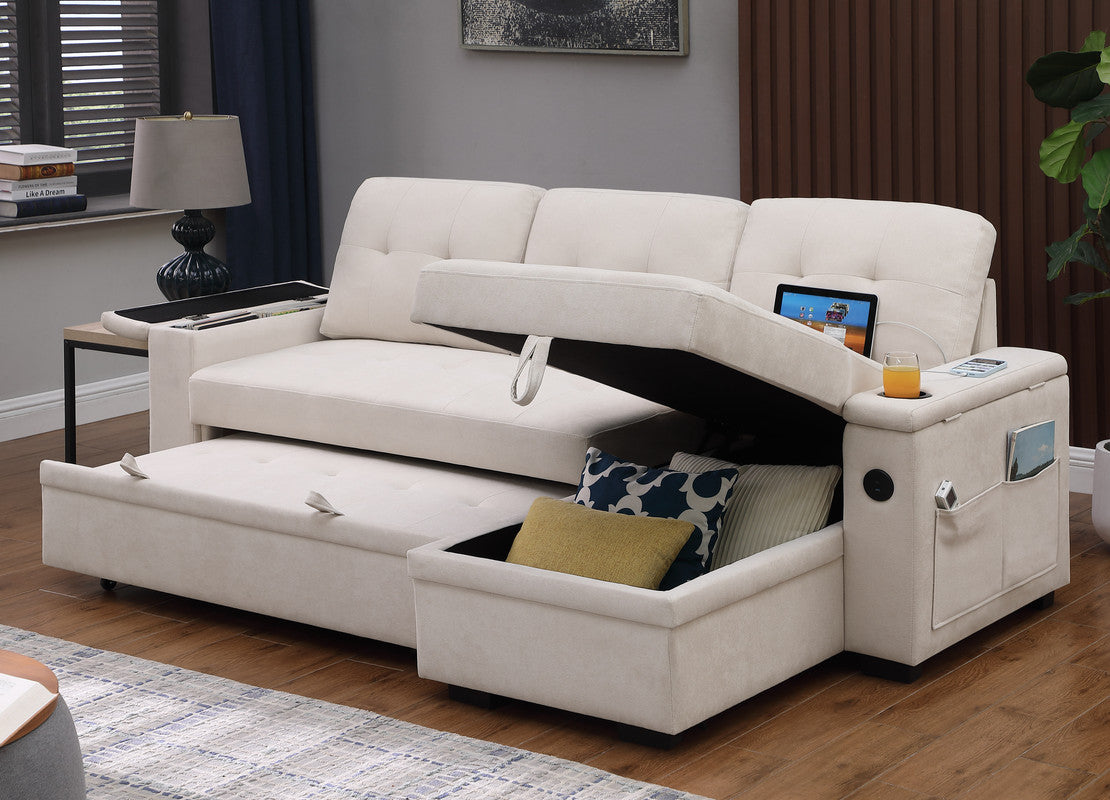 Ashlyn II 84W Beige Woven Fabric Reversible Sleeper Sectional Sofa with Storage Chaise, Storage Arm, Cup Holder, Charging Ports,
