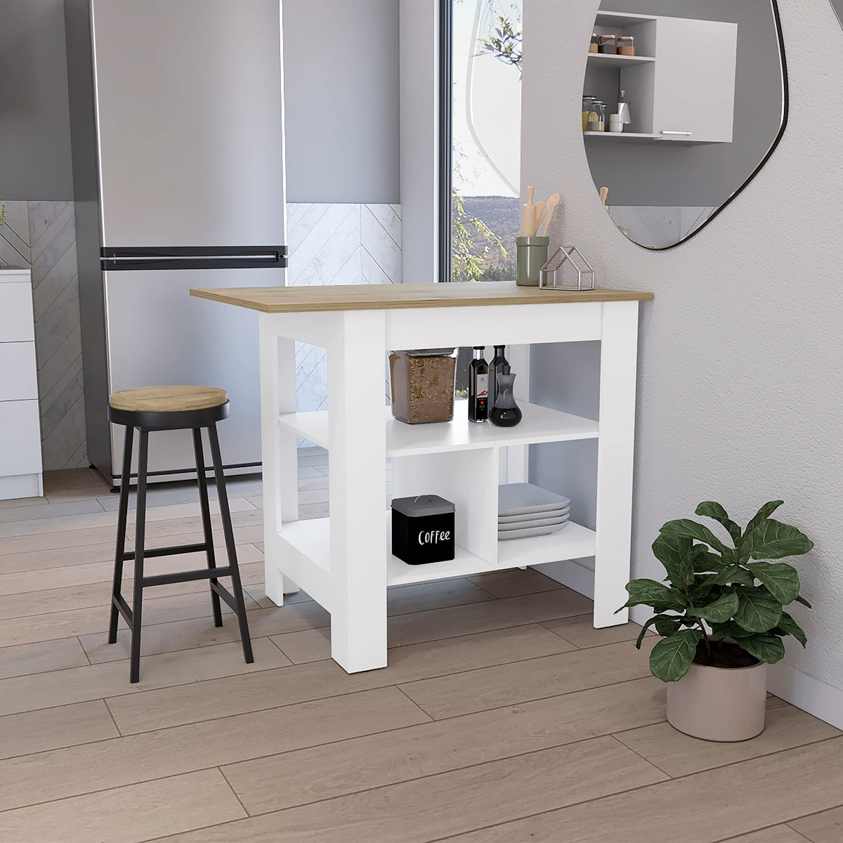 DEPOT E-SHOP Kitchen Island, Kitchen Table 35&quot; H, 3 Open Shelves, White/Macadamia