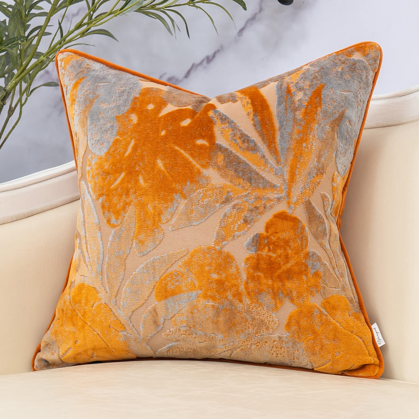 Yangest Orange Leaf Square Pillow Cover Cut Velvet Cushion Cover Luxury Modern Pillowcover For Couch Living Room Bedroom,20X20 I
