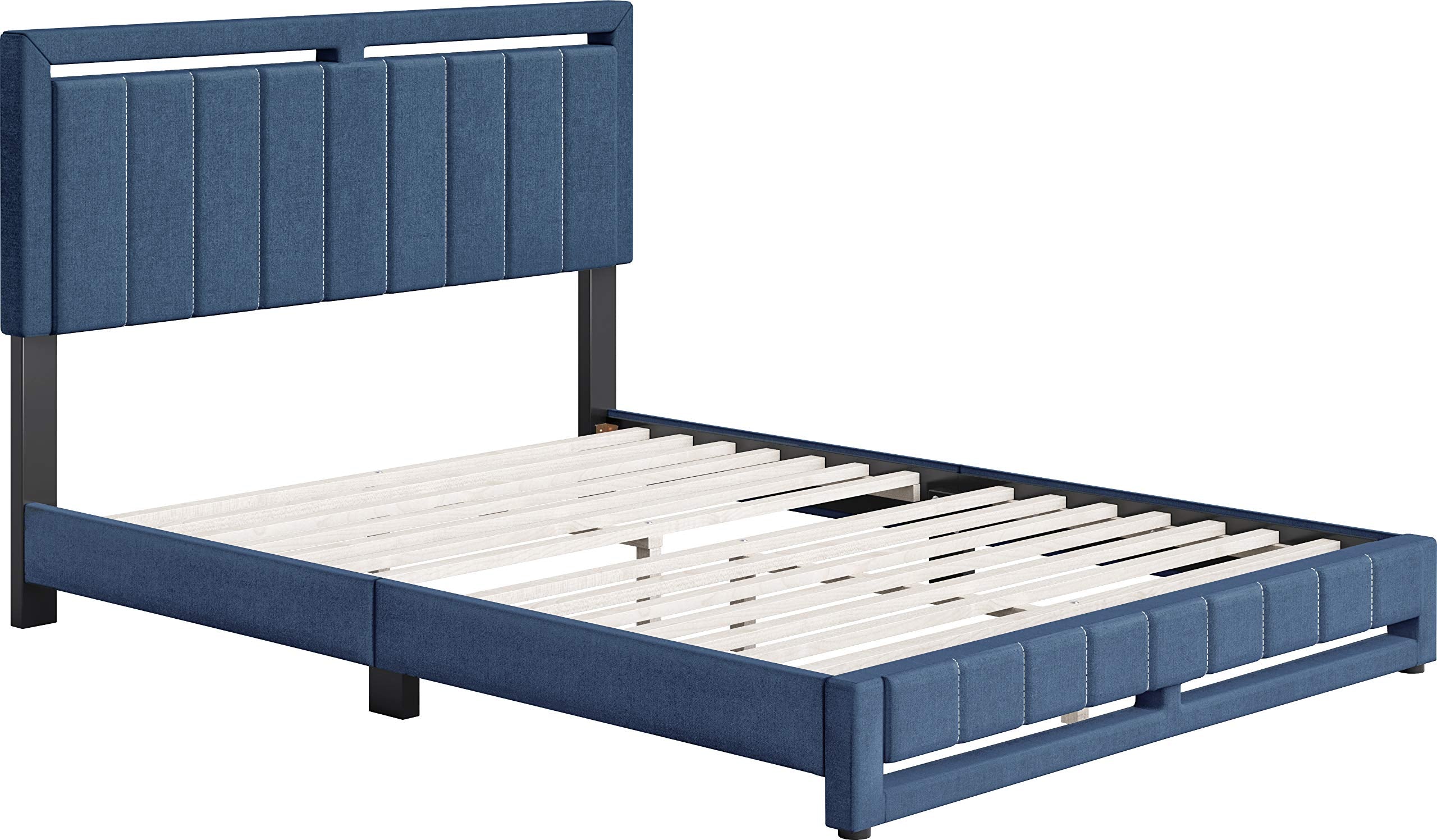 Boyd Sleep Beaumont Upholstered Platform Bed with Headboard, Mattress Foundation with Strong 14 Wood Slat Supports, No Box Spring Required, Blue Linen, Size Queen