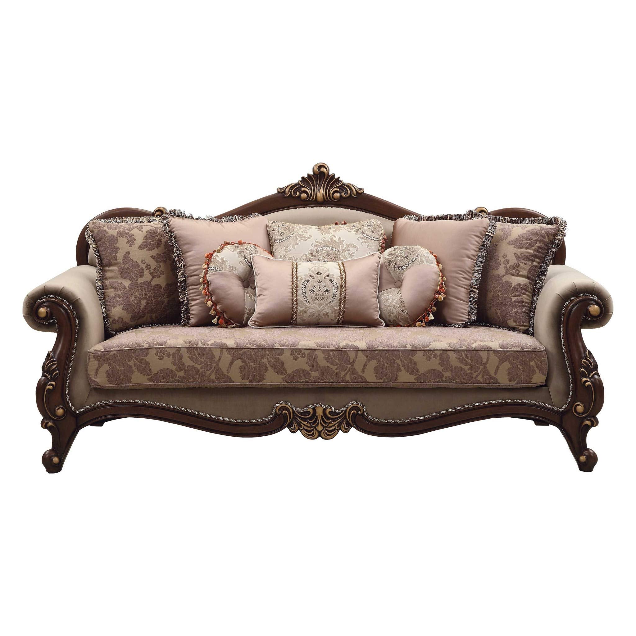 HomeRoots Upholstery, Wood Leg/Trim 38" X 88" X 45" Fabric Walnut Upholstery Wood Leg/Trim Sofa w/8 Pillows
