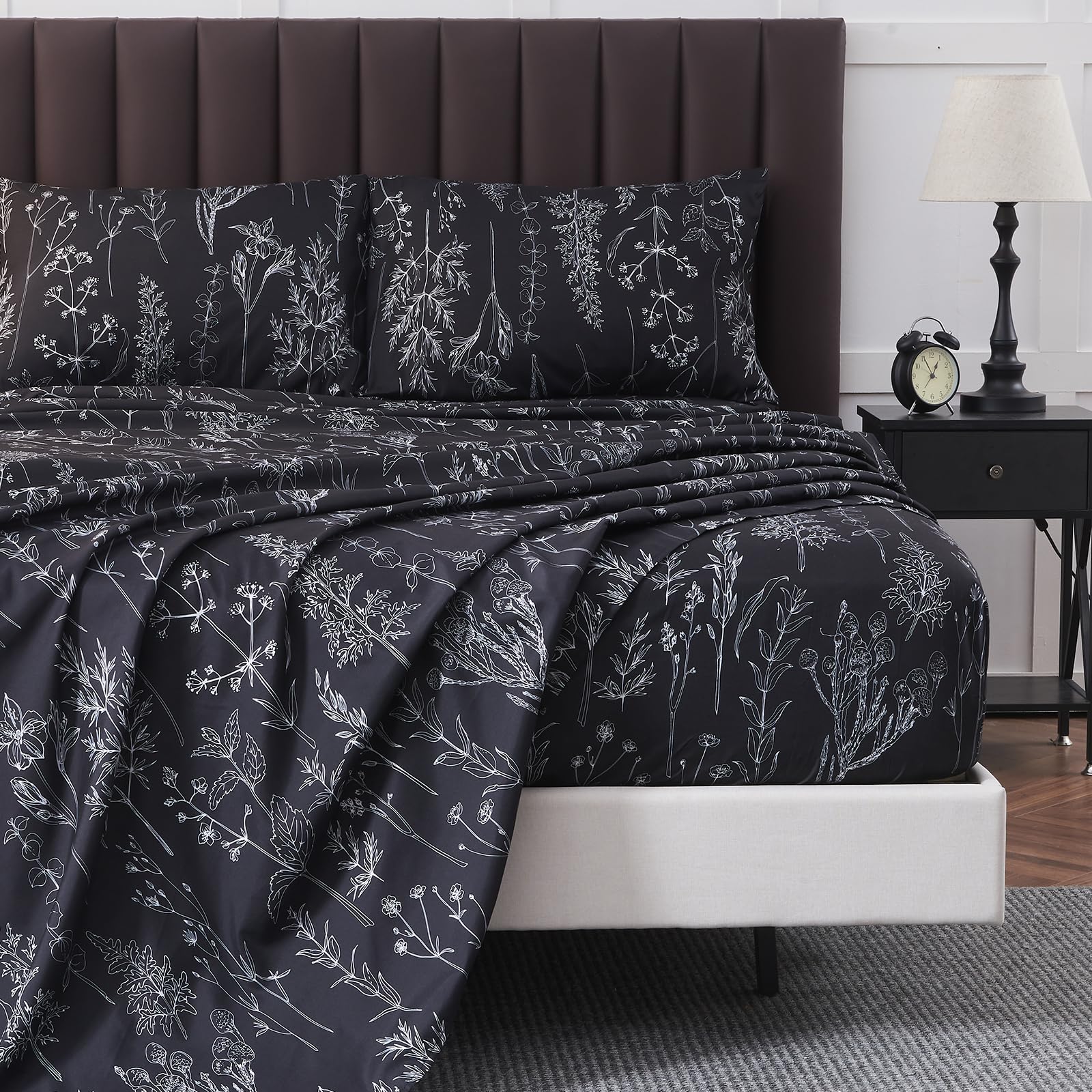 Hyprest Grey Black Sheets King,Deep Pocket Sheets, 1800 Thread Count Pattrn Bed Sheets Soft Breathable Cute Printed Boho Farmhou