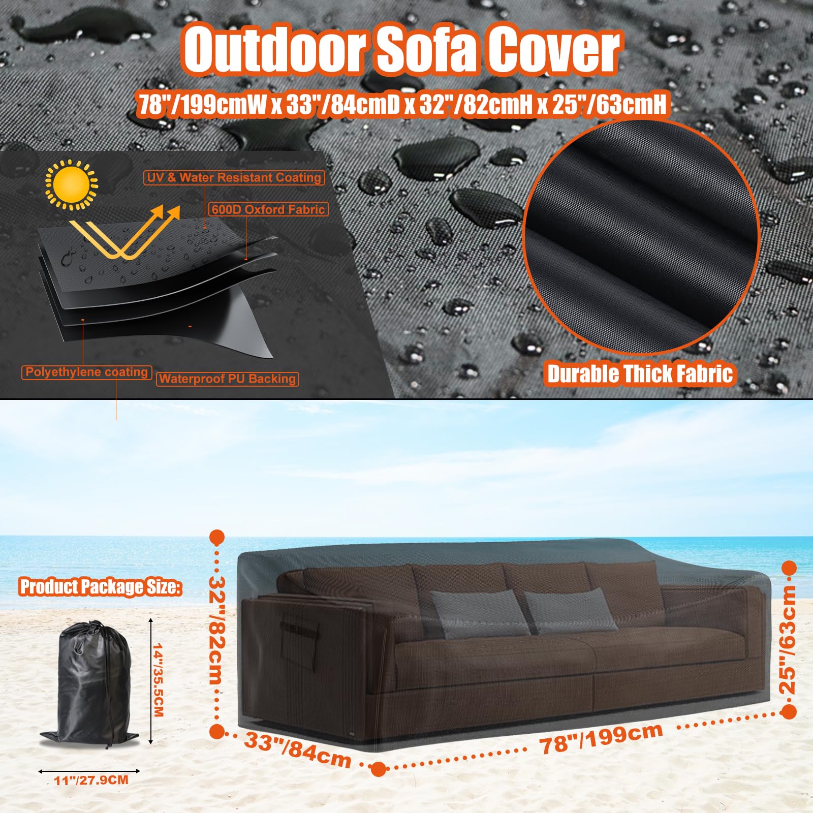 Likorlove 100% Waterproof Outdoor Sofa Cover, 78'' Wx 33'' Dx 32'' H Patio Furniture Covers Waterproof, Windproof 2-Seater Sofa
