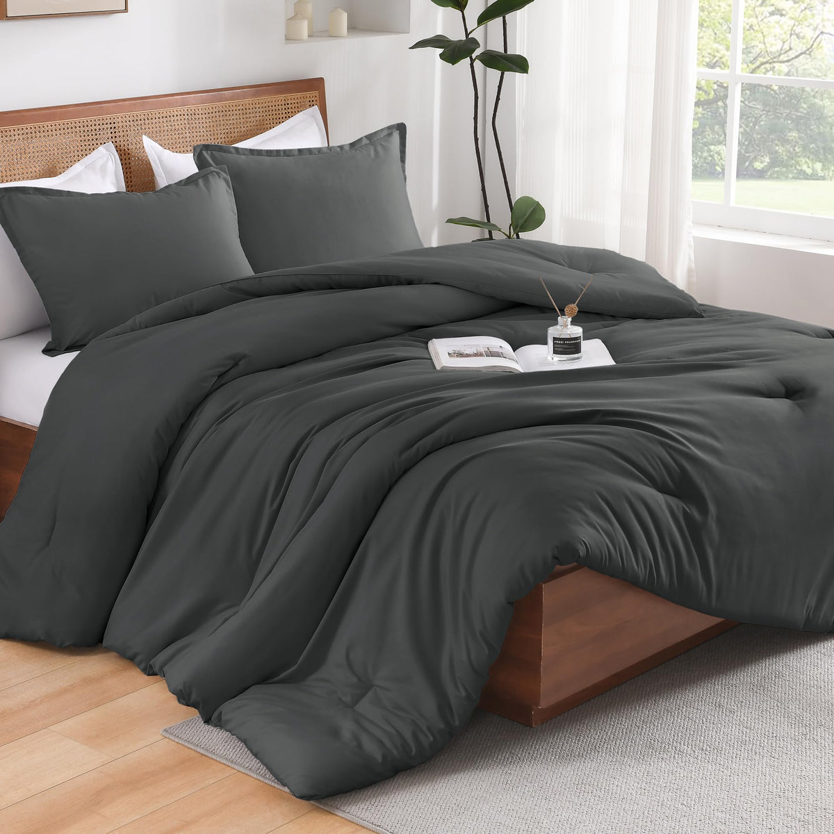 Andency Dark Grey Comforter Set Queen Size, 3 Pieces Boho Solid Bedding Comforters & Sets For Boys Men, Soft Cozy Fluffy All Sea