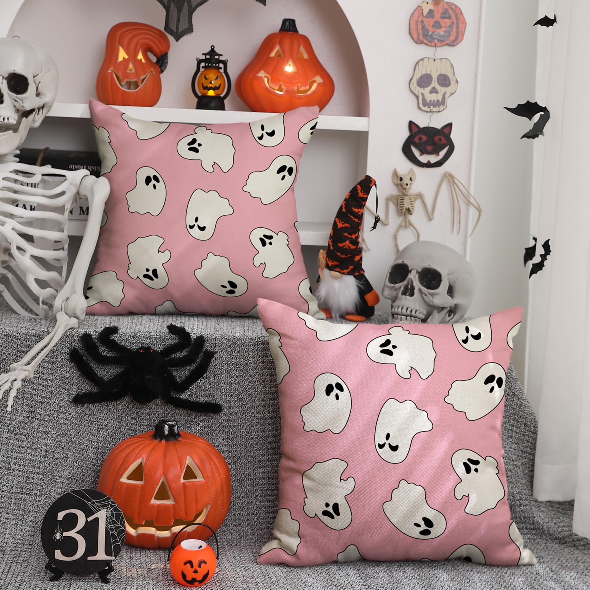 Dfxsz Halloween Pillow Covers 18X18 Inch Set Of 2 Happy Halloween White Ghost Decor Pink Pillow Covers Happy Halloween Sofa Bed