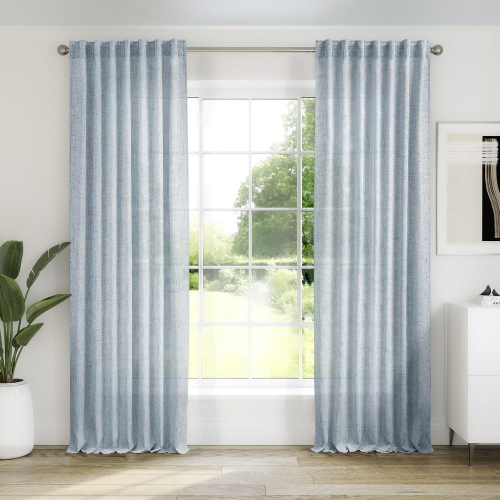 Blue Linen Curtains 108 Inches Long for Living Room 2 Panels Set Back Tab Pocket Farmhouse Boho Light Filtering Semi Sheer Dusty