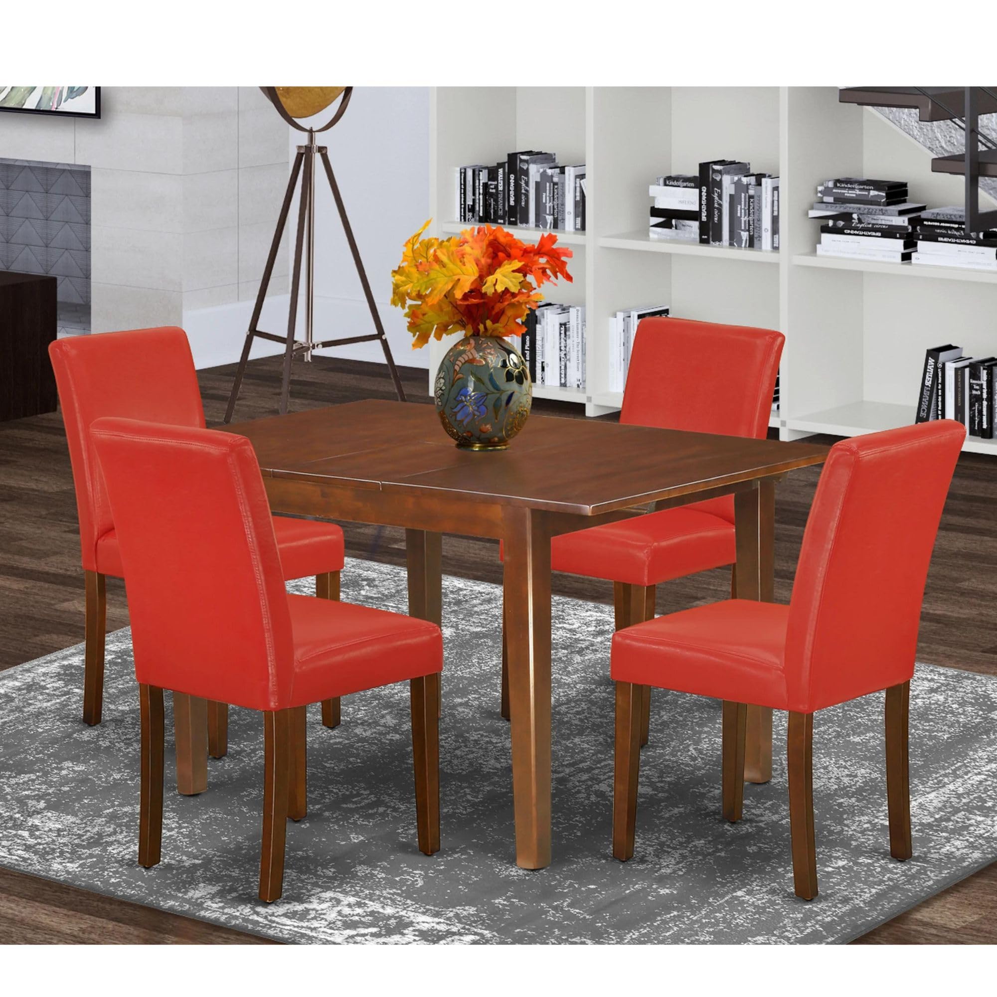 East West Furniture Noab5-Mah-72 5 Piece Dining Room Table Set Includes A Rectangle Kitchen Table With Butterfly Leaf And 4 Firebrick Red Faux Leather Parson Chairs, 32X54 Inch, Mahogany