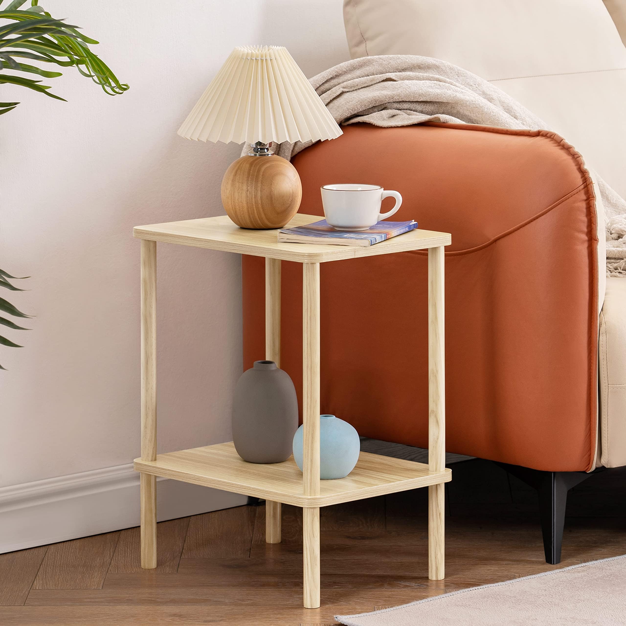 Apicizon 2 Tier End Table, Boho Side Table With Storage Shelf, Nightstand Bedside Table For Small Spaces, Bedroom, Living Room, Entryway, Farmhouse, Easy Assembly,Light Natural