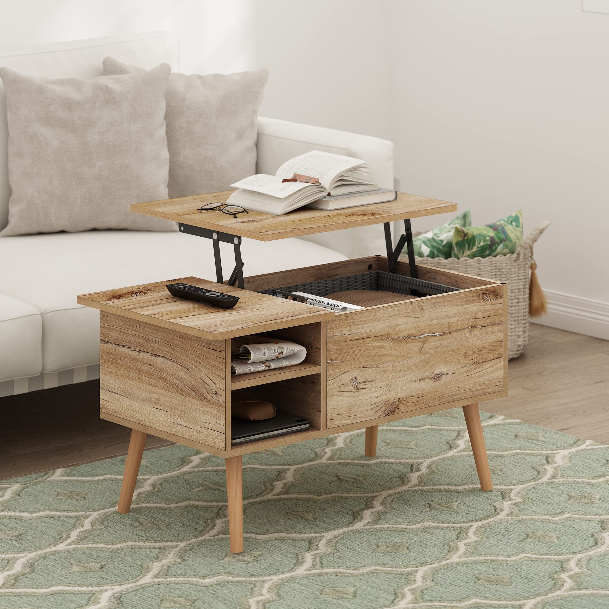 Furinno Jensen Living Room Wooden Leg Lift Top Coffee Table With Hidden Compartment And Side Open Storage Shelf, Flagstaff Oak