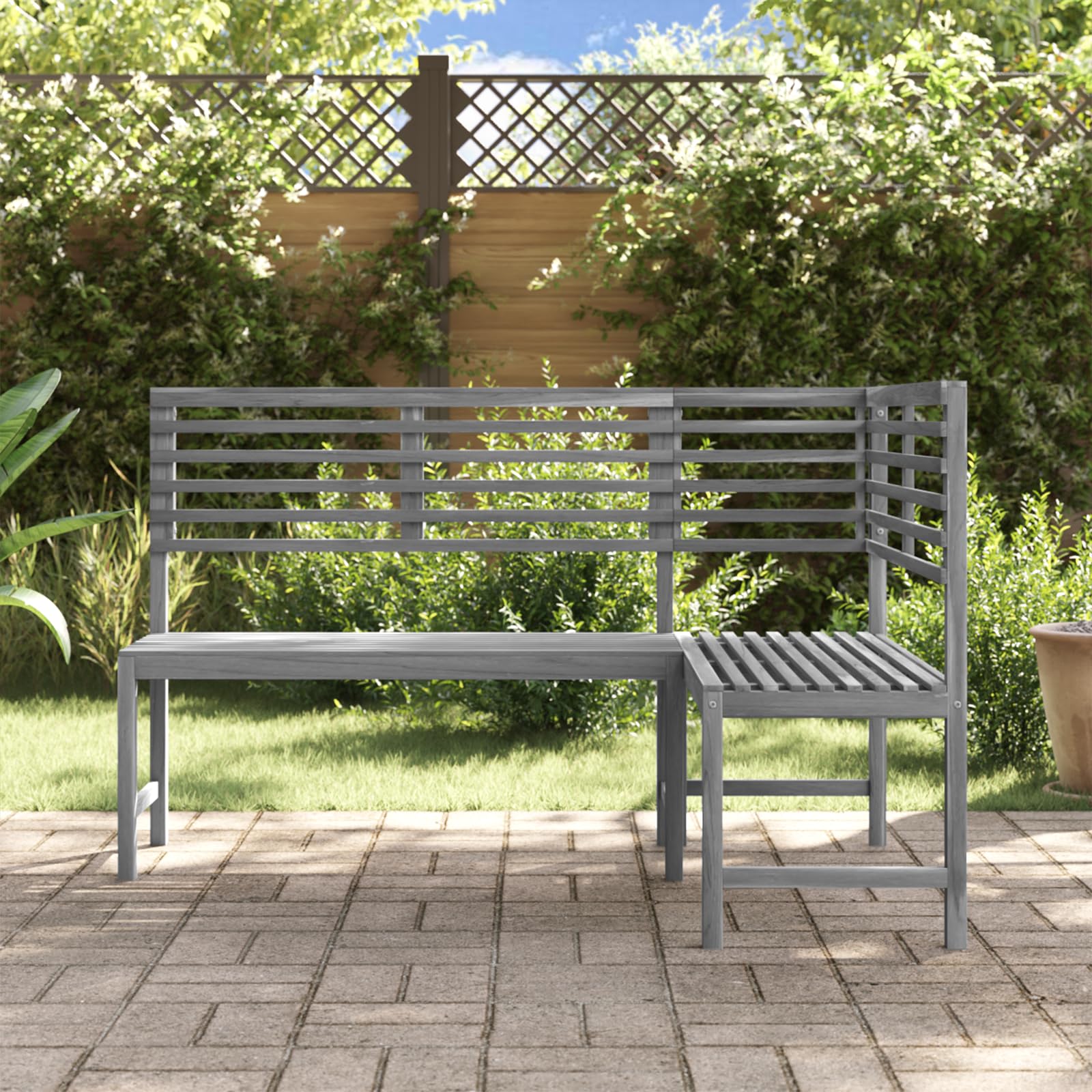 vidaXL Patio Corner Bench, Outdoor Wooden Bench for Garden Park Potting Picnic, Solid Acacia Wood, Easy Assembly, 39.4" x 55.1" x 35.8" Grey