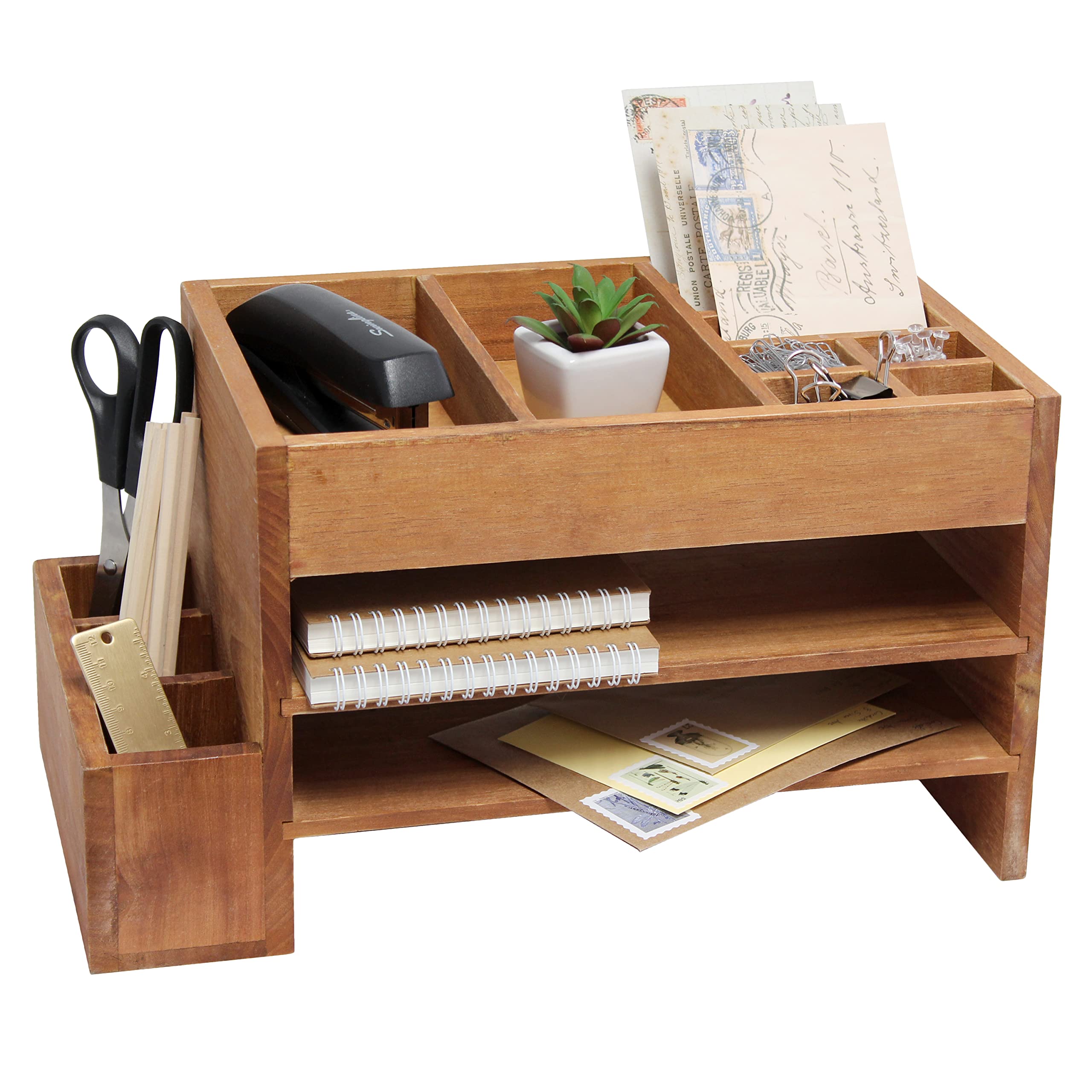 Elegant Designs Home Office Tiered Desk Organizer with Storage Cubbies and Letter Tray, Natural Wood