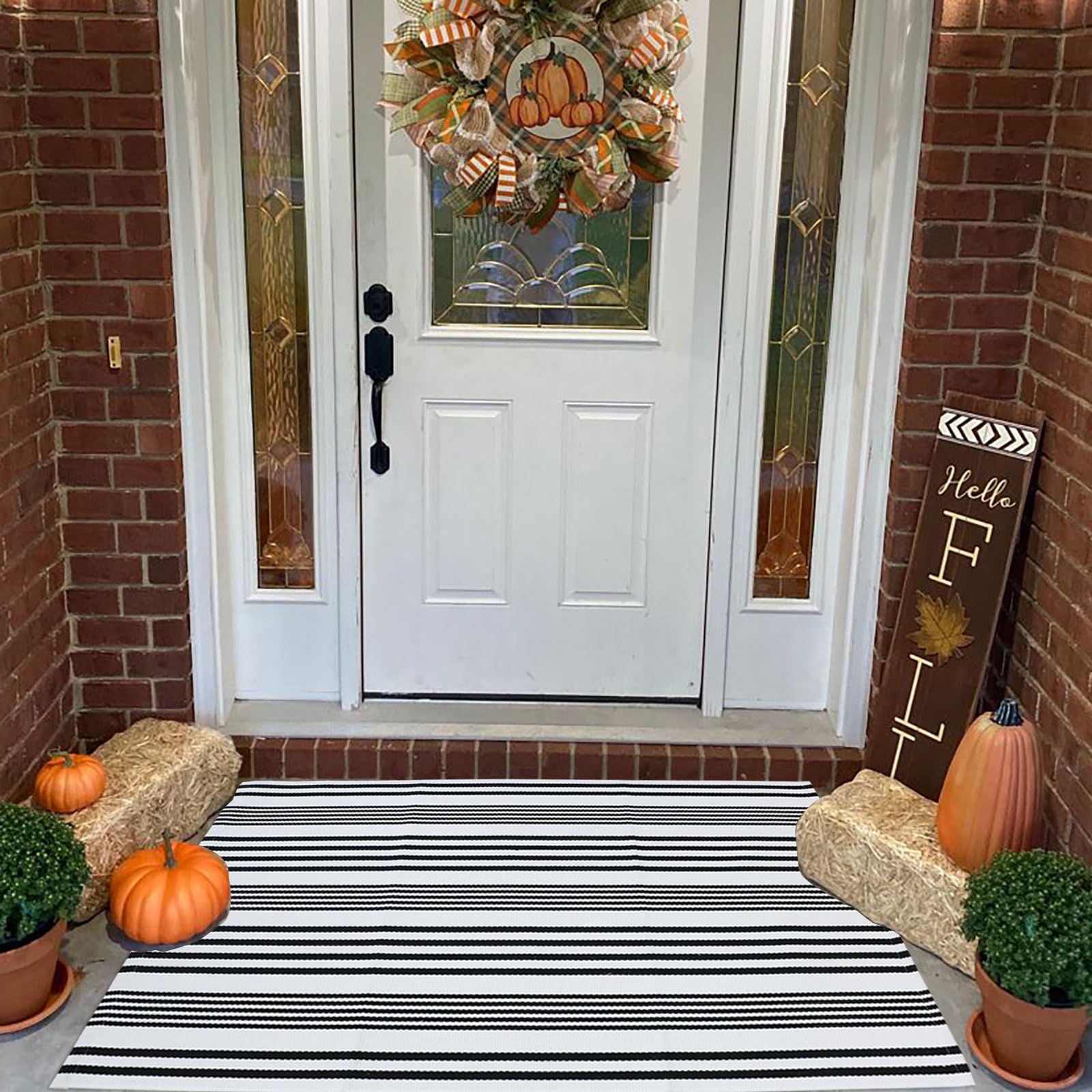Black And White Striped Outdoor Rug Front Porch Rug 27.5'X43' Cotton Hand-Woven Welcome Mats Layered Door Mats For Front Porch