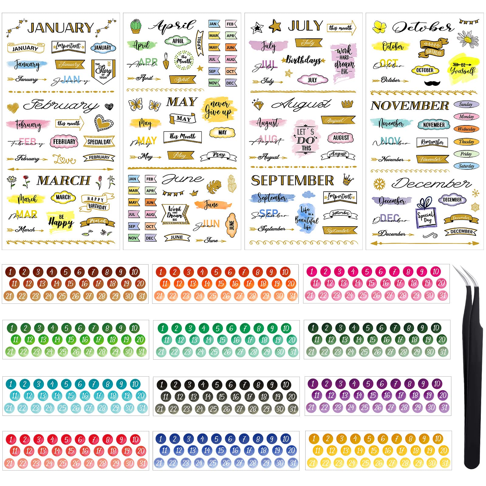 4 Sheets Aesthetic Monthly Planner Stickers Calendar Stickers Planner Accessories And 12 Sheets Round Dates Sticker Colorful Dat