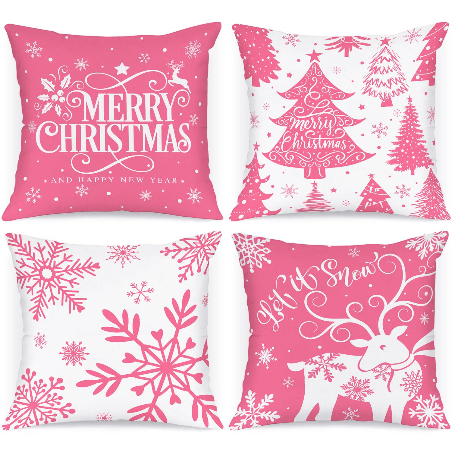 Lanpn White And Pink 18X18 Christmas Pillow Covers Set Of 4, Decorative 18 Inch Winter Snowflake Throw Pillow Case Xmas Cushion