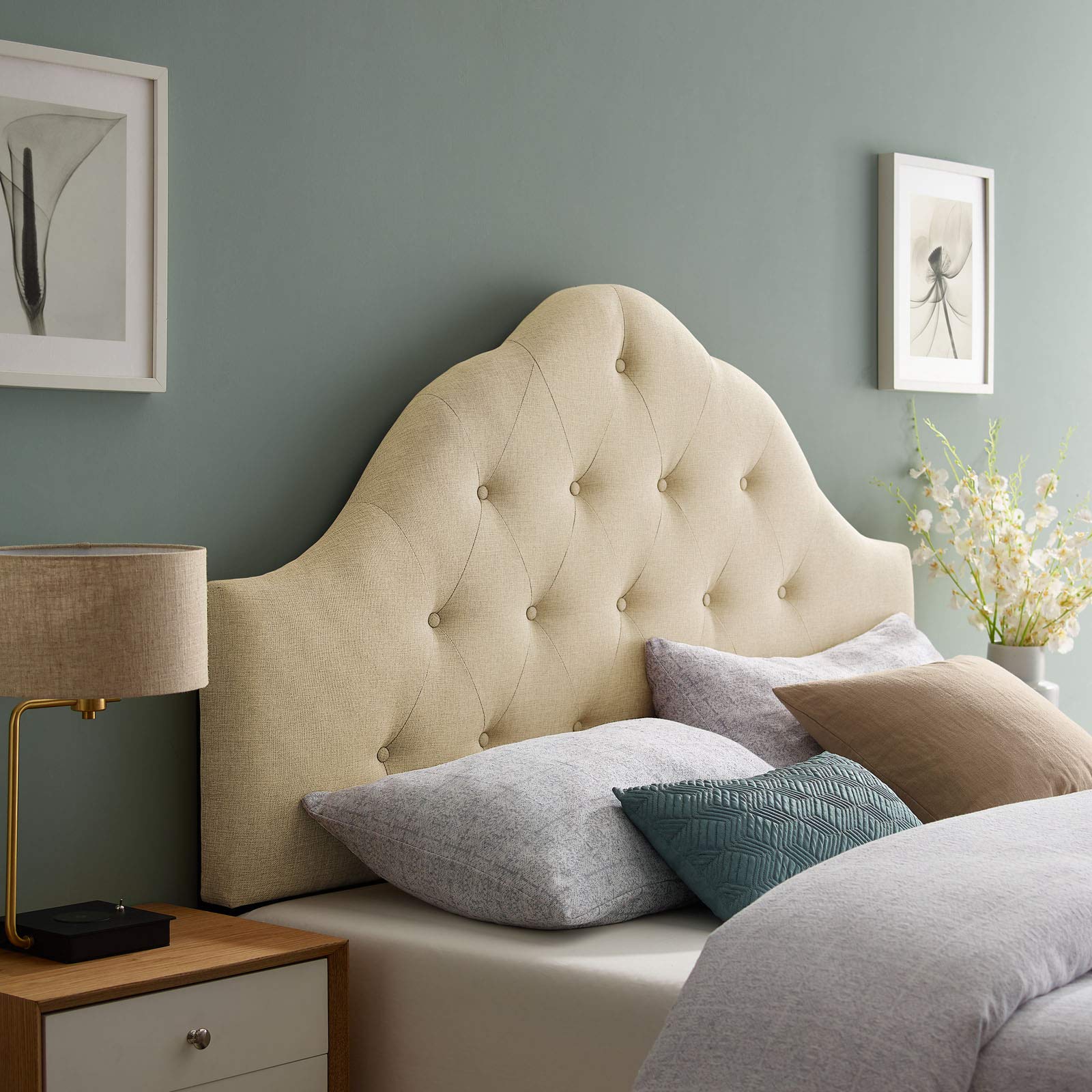 Modway Sovereign Tufted Button Linen Fabric Upholstered Queen Headboard in Beige