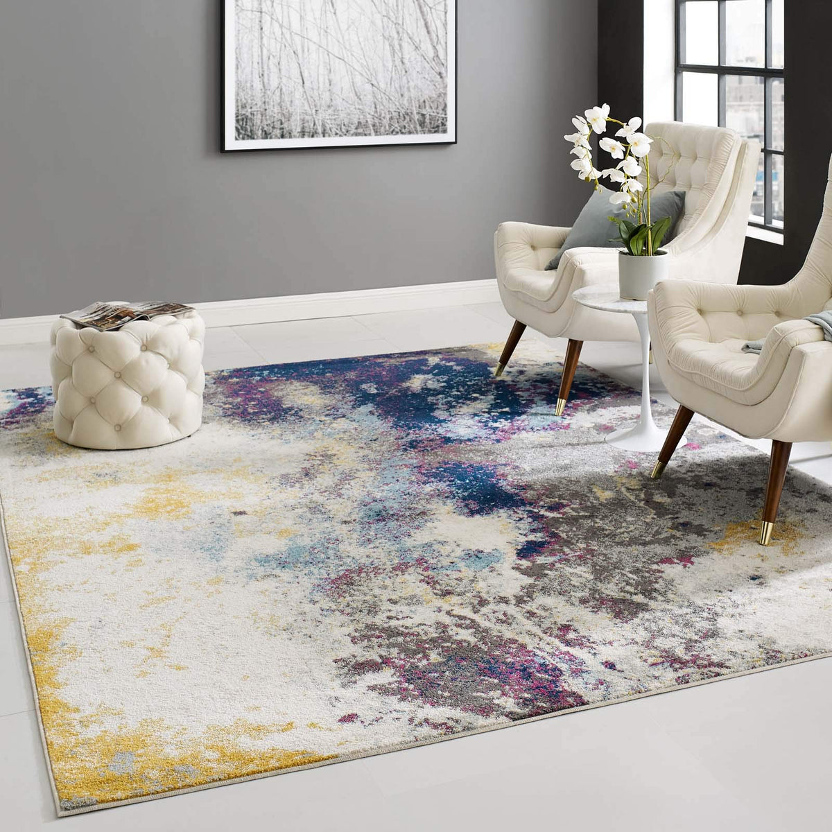 Modway Entourage Adeline Contemporary Modern Abstract 8X10 Area Rug, Blue, Gray, Yellow, Ivory, Pink