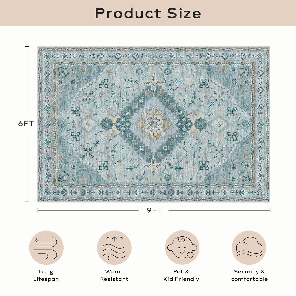 Ashler Boho Rug, 6X9 Area Rugs, Vintage Rugs, Large Area Rug, Rugs For Living Room, Bedroom, Kitchen, Dinner, Light Cyan/Blue Ho