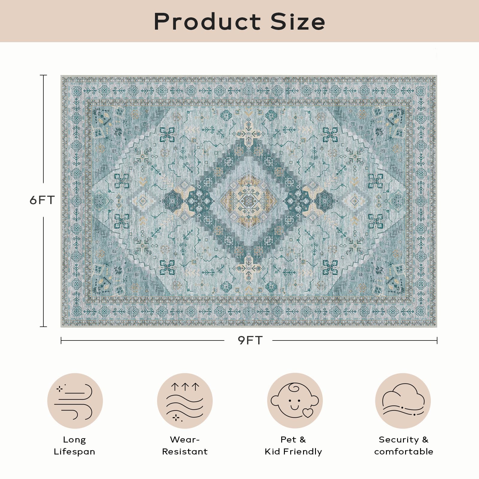Ashler Boho Rug, 6X9 Area Rugs, Vintage Rugs, Large Area Rug, Rugs For Living Room, Bedroom, Kitchen, Dinner, Light Cyan/Blue Ho