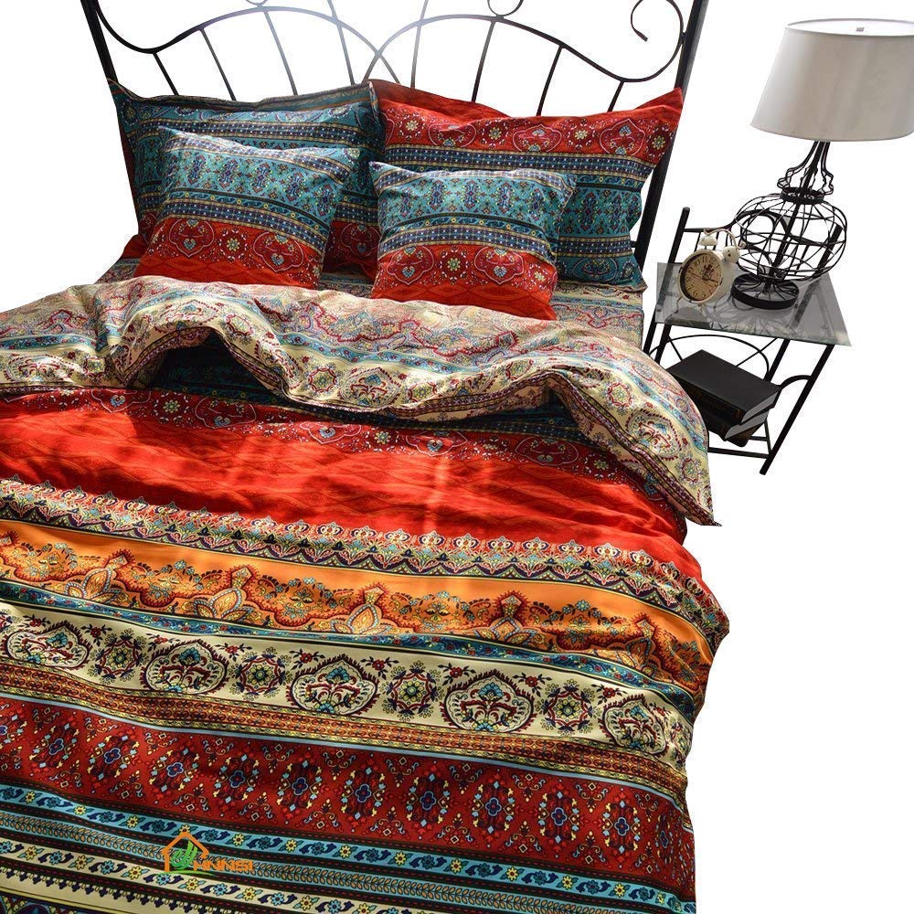 Hnnsi 100% Brushed Cotton Boho Duvet Cover With 2 Pillow Shams 3 Pieces King Size, Bohemian Exotic Striped Bedding Sets, Ethnic