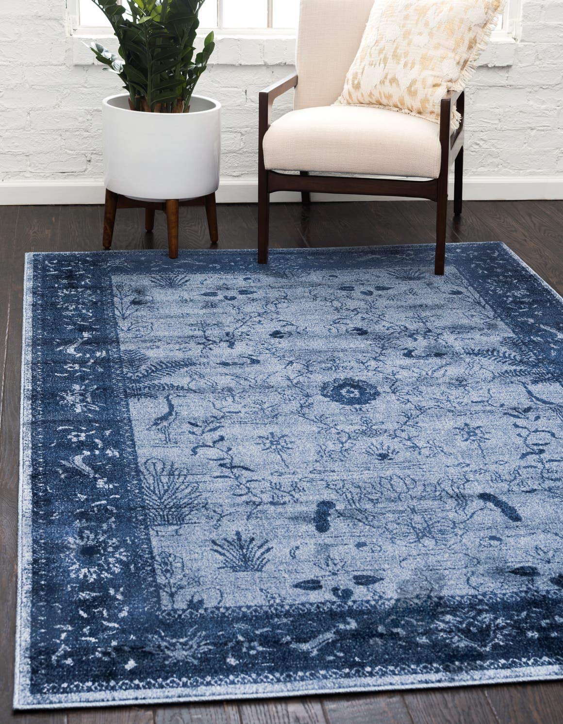Unique Loom La Jolla Collection Farmhouse, Contemporary, Botanical, Traditional, Vintage Area Rug, 4 x 6 ft, Blue/Navy Blue