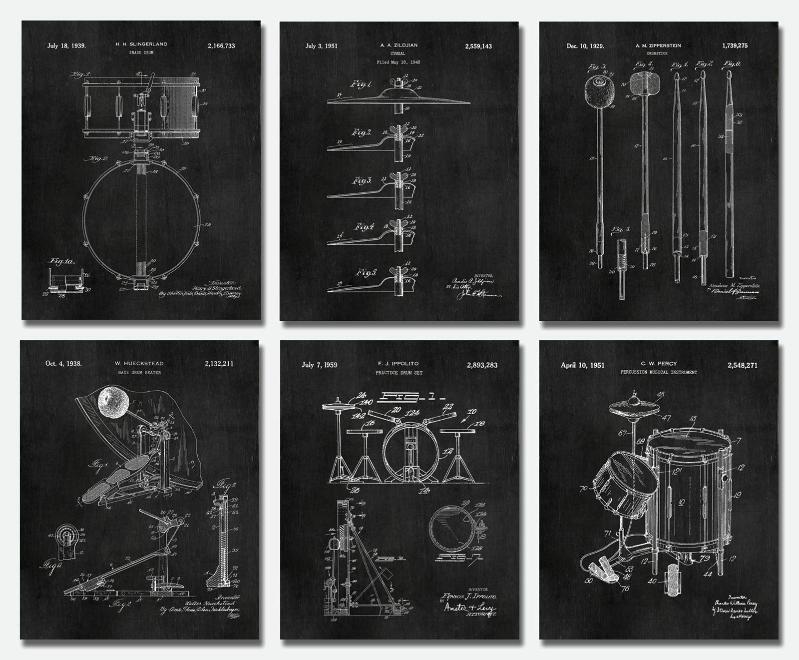 Set of 6 Chalkboard Patent Art Prints of Drums (8x10) Gifts for a Drummer Percussionist Poster Music Studio Decoration Snare UNF