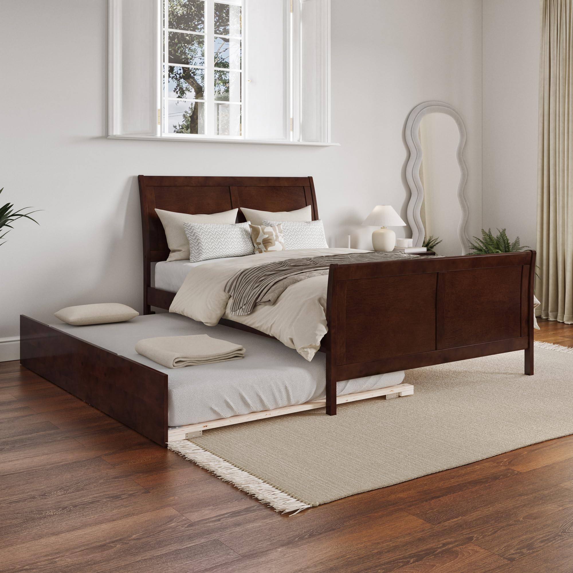 AFI Portland Full Size Platform Bed with Matching Footboard & Full Trundle in Walnut