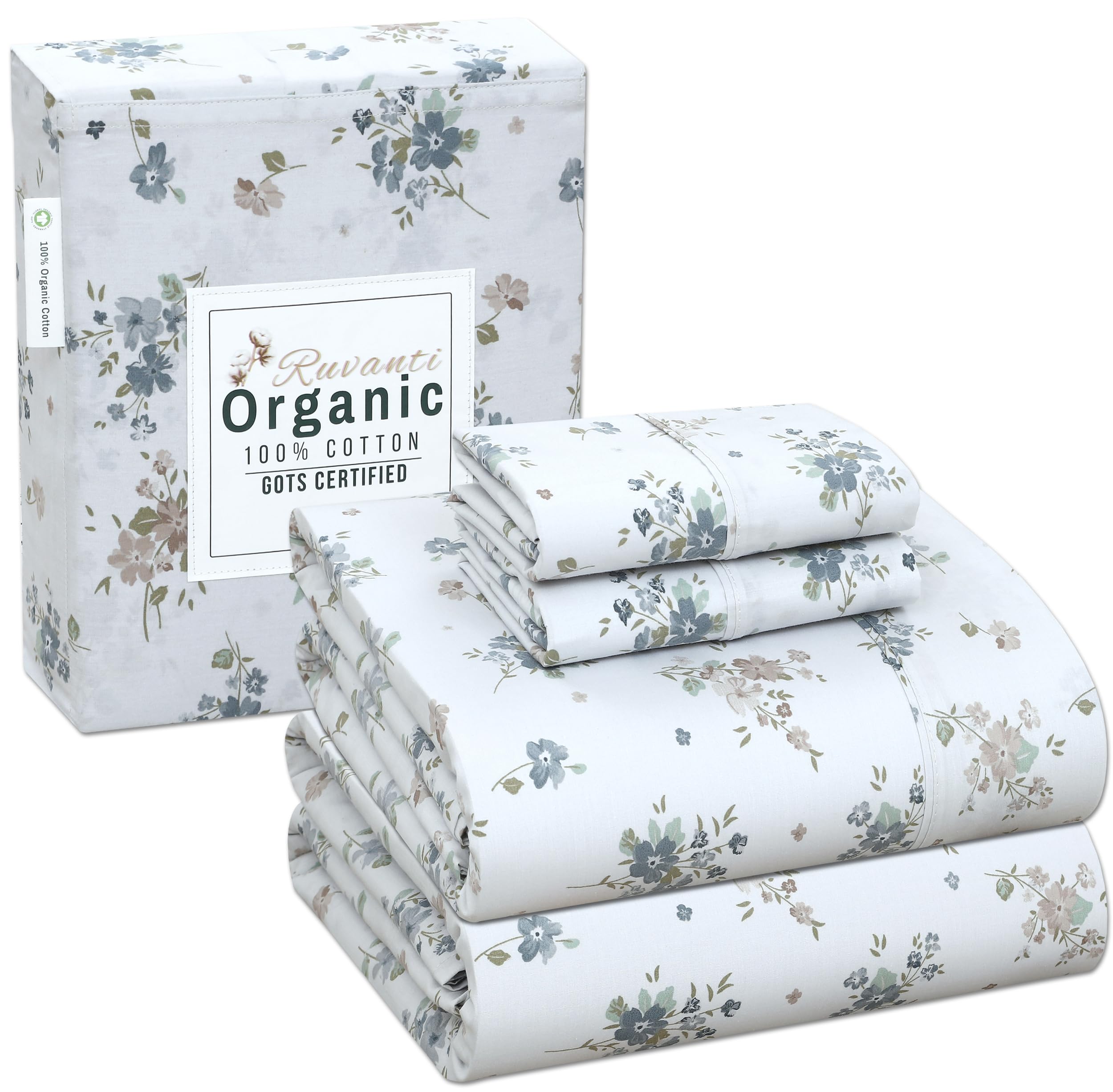 Ruvanti 100% Organic Cotton California King Sheet Sets, 4 Pieces, Soft & Breathable Percale Weave Bedding, Deep Pocket 16', Hot