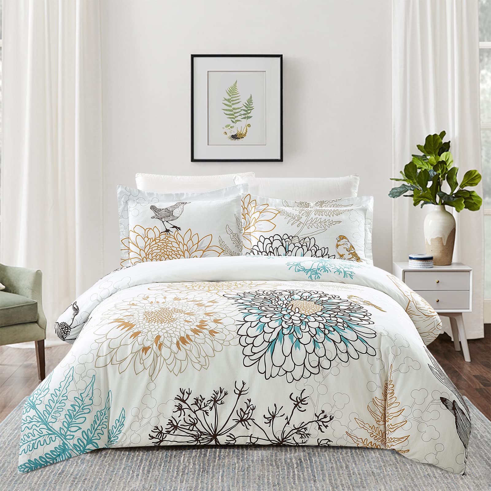 Style Quarters King 100% Cotton Percale Bird Style 3 Pieces Duvet Cover, King, White with 1 Duvet Cover and 2 Pillow Shams