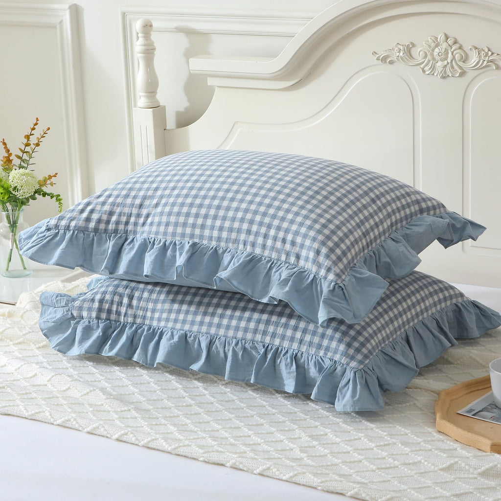 Mywinlle Blue Plaid Ruffle Pillowcases Farmhouse Pillow Shams Standard,Shabby Checkered Pillow Cover Washed Cotton Pillow Covers