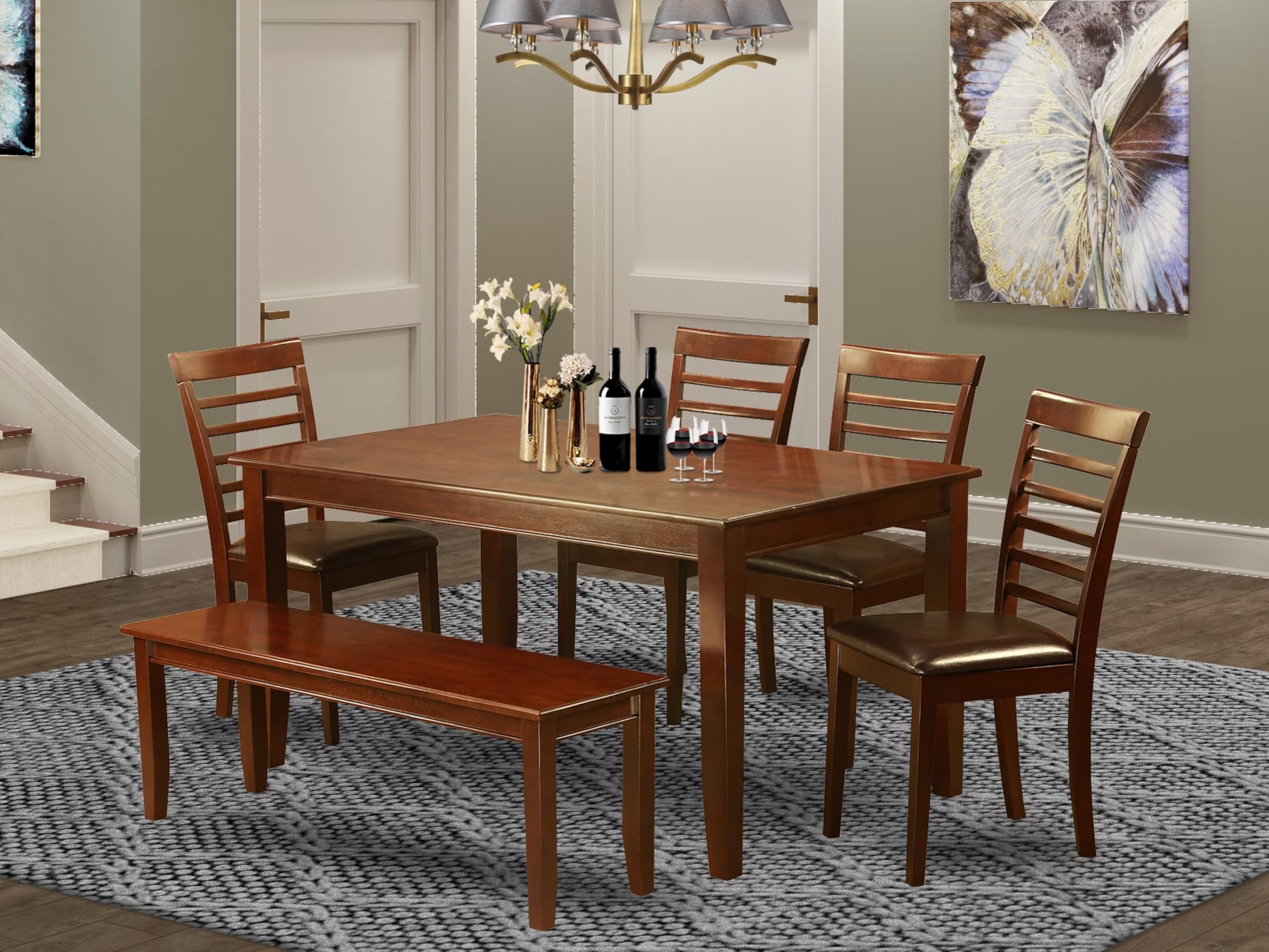 East West Furniture DUML6D-MAH-LC 6-Pc Dining Table Set - a Wooden Table and a Gorgeous Bench with Rectangular Top - 4 Dining Room Chairs with Faux Leather Seat & Ladder Back - Mahogany Finish