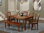 East West Furniture DUML6D-MAH-LC 6-Pc Dining Table Set - a Wooden Table and a Gorgeous Bench with Rectangular Top - 4 Dining Room Chairs with Faux Leather Seat & Ladder Back - Mahogany Finish