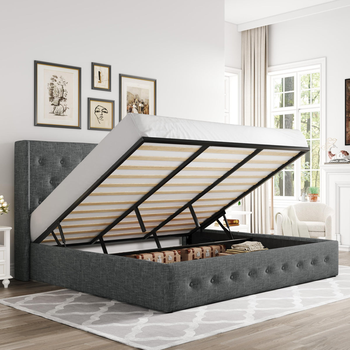 Allewie King Size Lift Up Storage Bed, Button Tufted Headboard With Wingback, Hydraulic Support, No Box Spring Needed, Dark Grey