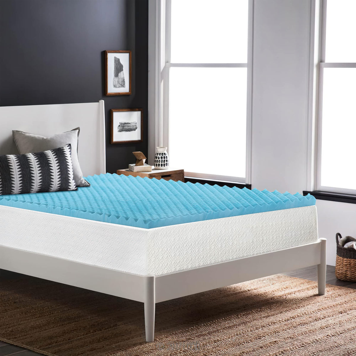 Greaton, 3-Inch Premium Convoluted Gel Memory Foam Toppers For Enhanced Comfort And Support, Queen, Blue