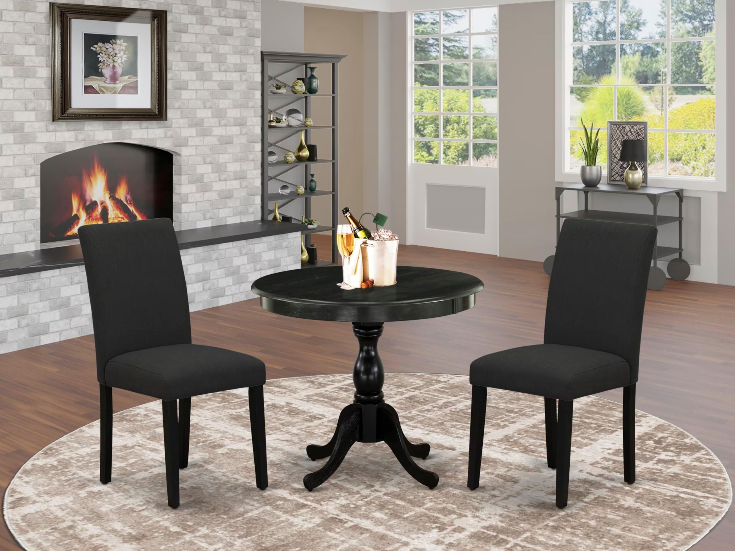 East West Furniture AMAB3-ABK-24 3 Piece Modern Dining Table Set Contains a Round Kitchen Table with Pedestal and 2 Black Color Linen Fabric Upholstered Chairs, 36x36 Inch, Wirebrushed Black