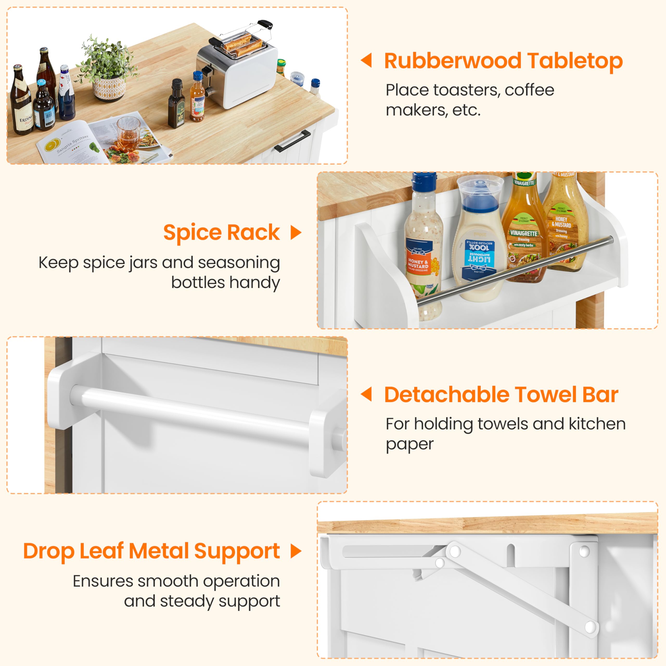 Yaheetech Kitchen Island With Drop-Leaf Breakfast Bar, 53' Width Kitchen Cart On 5 Universal Wheels With Rubberwood Top, Storage Cabinet, 3 Drawers, And Spice Rack For Dining Room, White