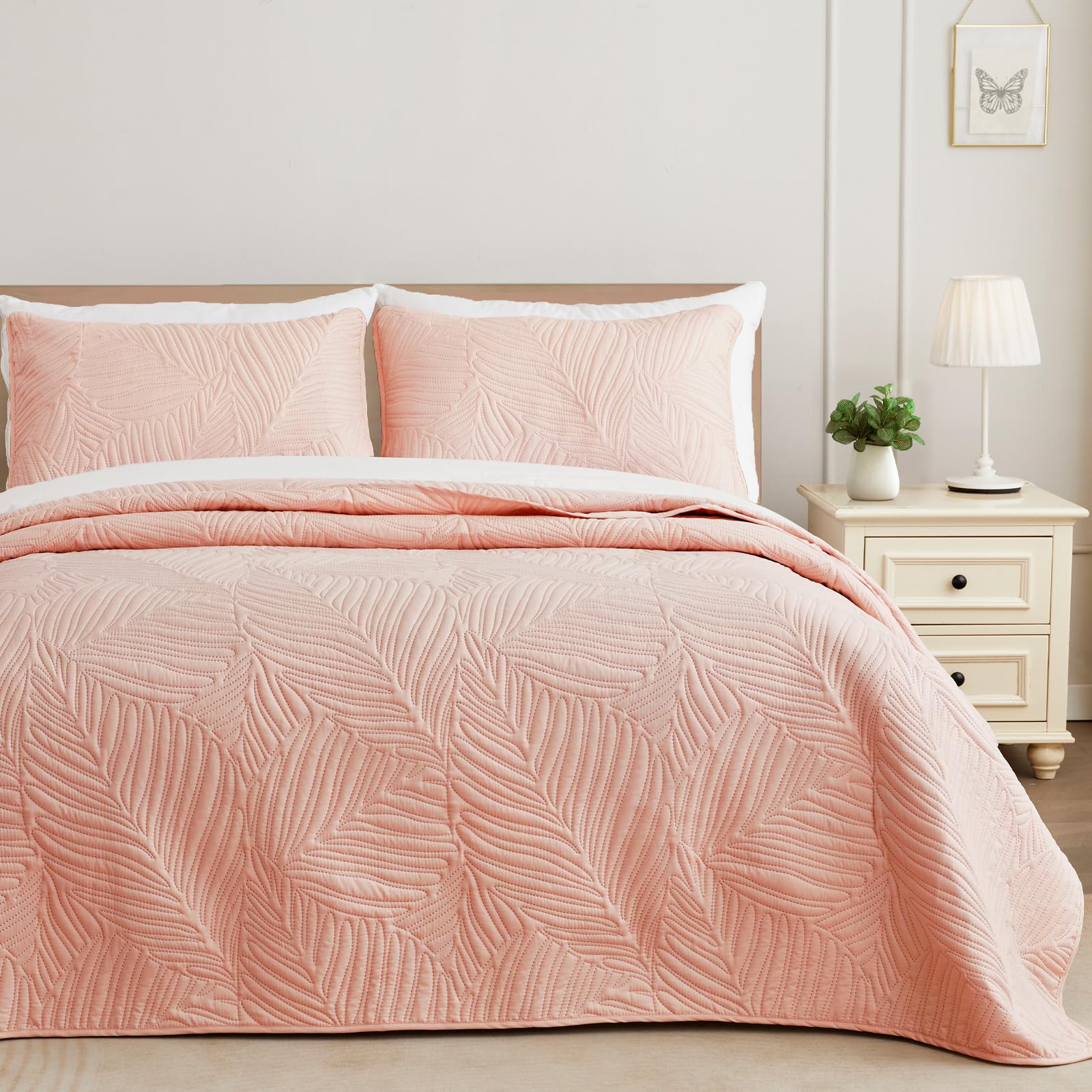Exclusivo Mezcla King Size Quilt Bedding Set, Lightweight Blush Pink Quilts King Size For All Seasons, Soft Microfiber Bedspread